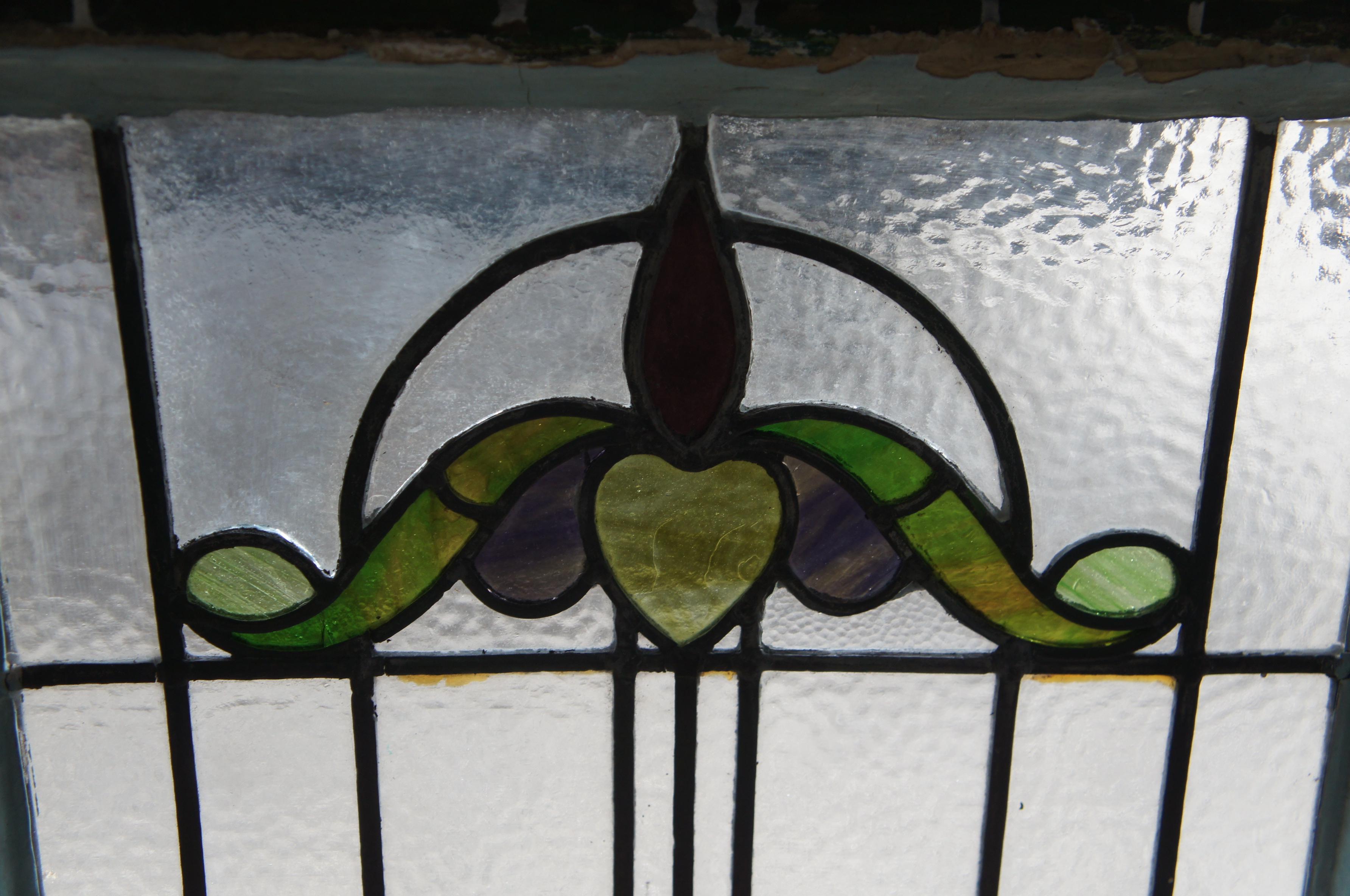 Antique Victorian Art Nouveau Leaded Stained Glass Window Floral Hinged Door 50
