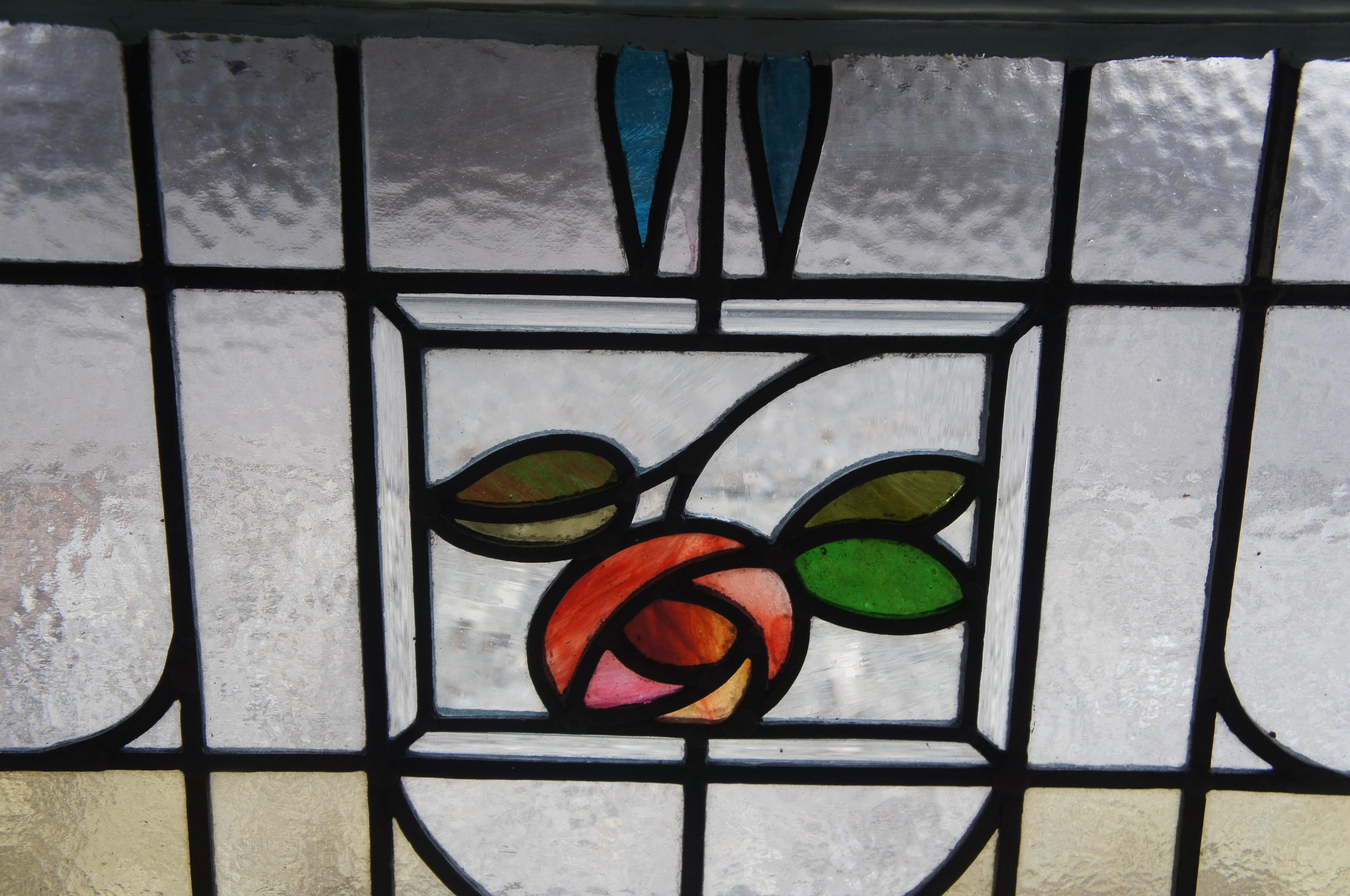 Antique Victorian Art Nouveau Leaded Stained Glass Window Floral Hinged Door 50