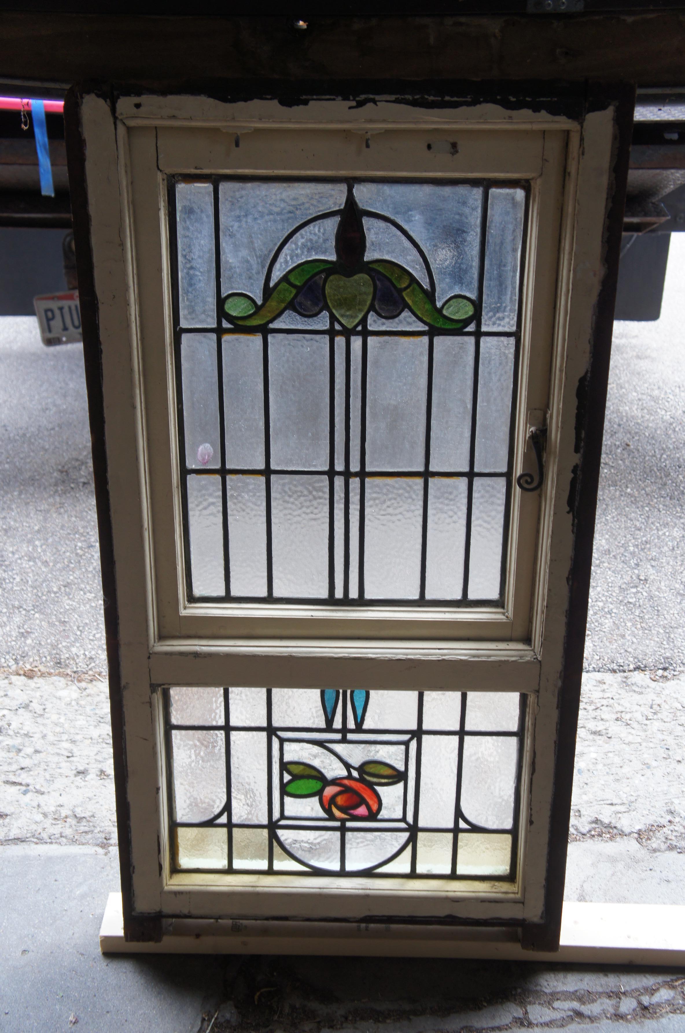 Antique Victorian Art Nouveau Leaded Stained Glass Window Floral Hinged Door 50