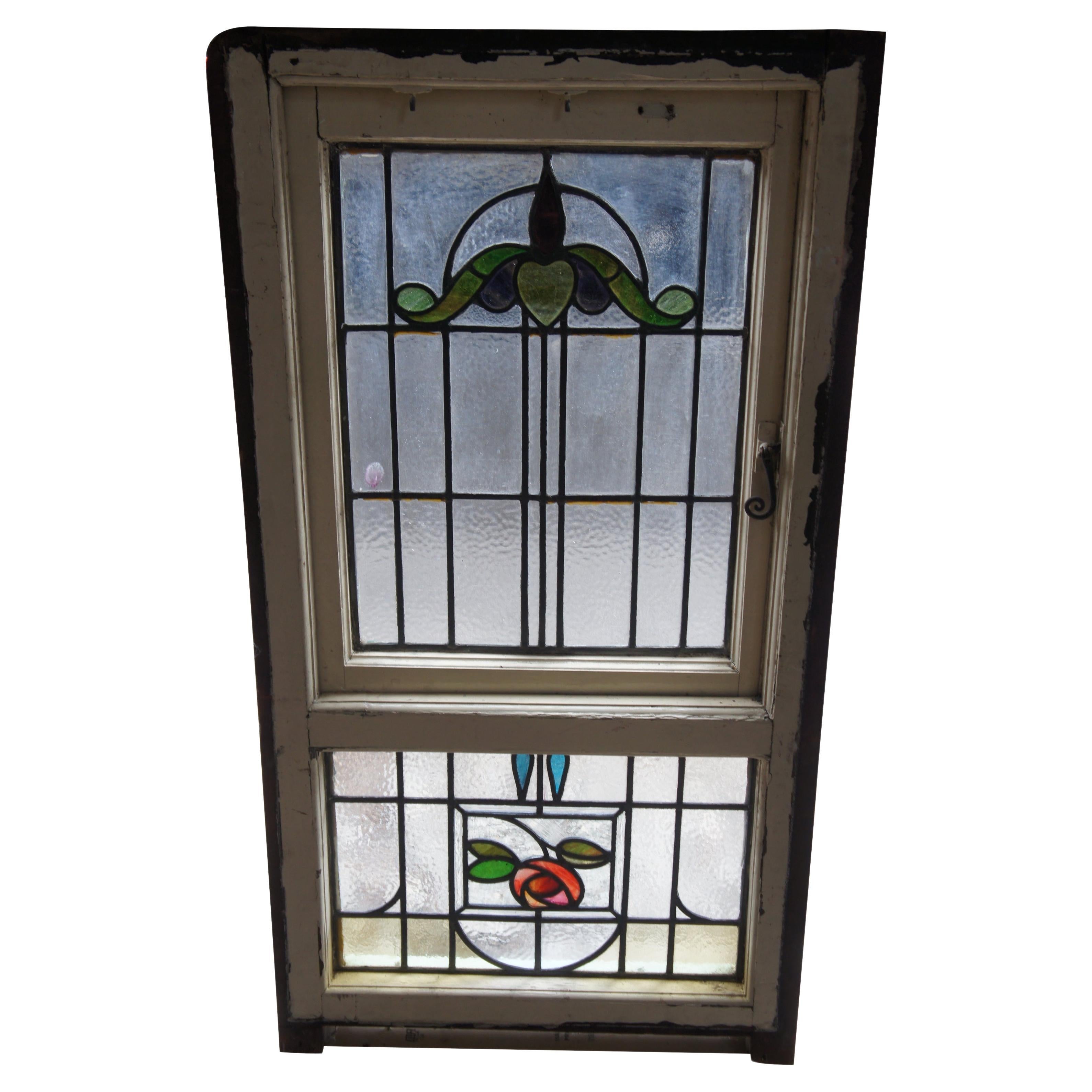 Arte antica vittoriana Art Nouveau vetrata a piombo porta a battente floreale 50"
