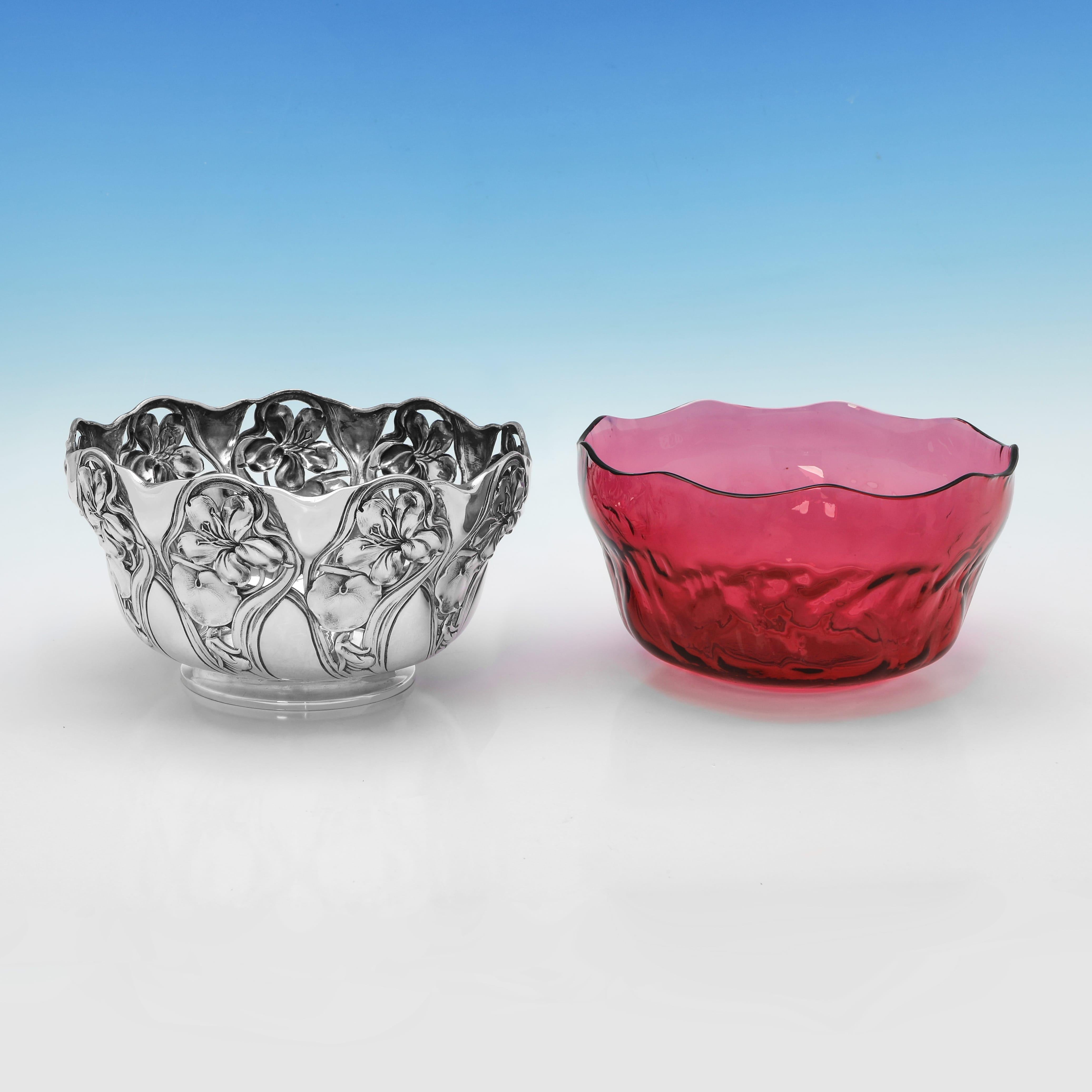 Art Nouveau Antique Victorian art nouveau silver and cranberry glass bowl made London 1900 For Sale
