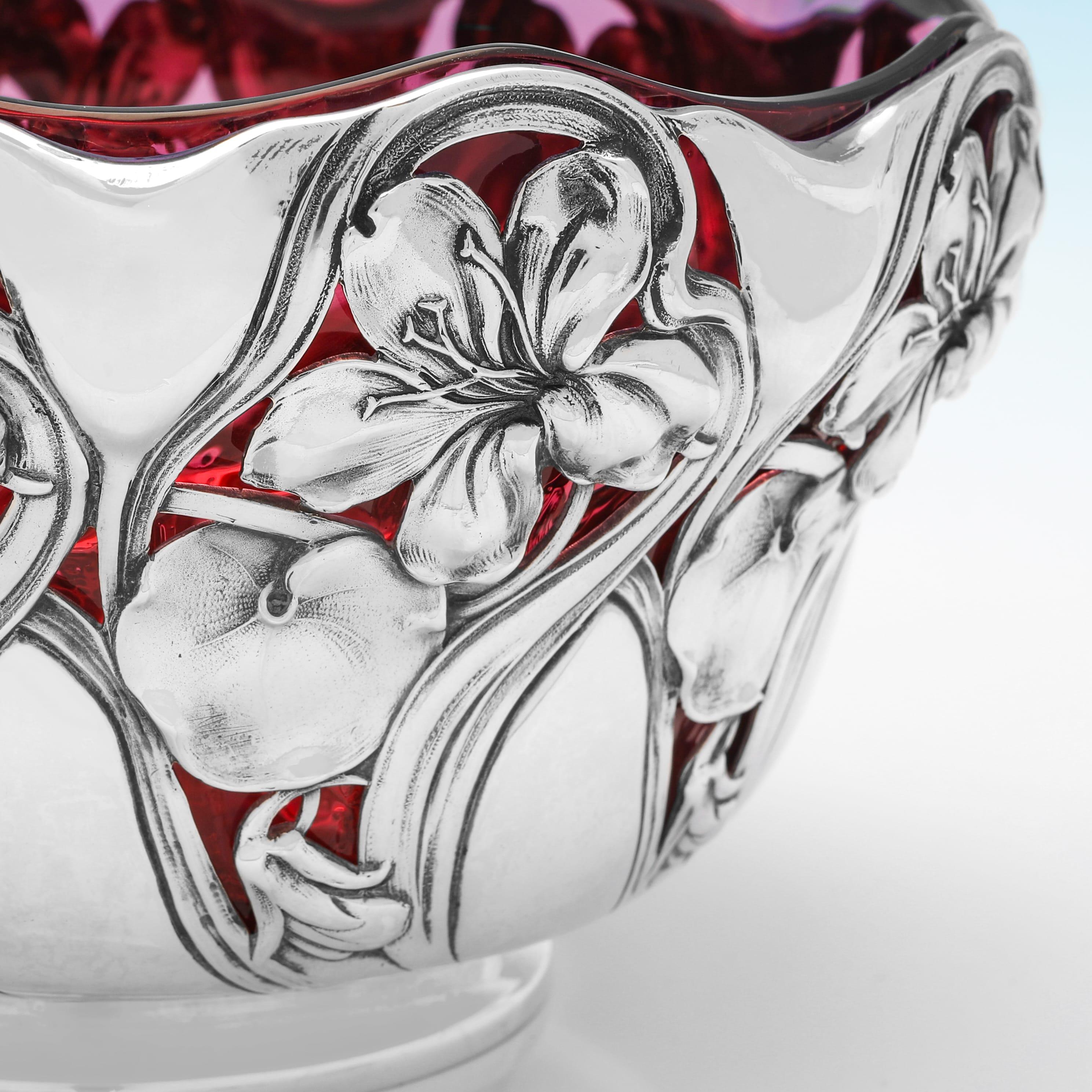 English Antique Victorian art nouveau silver and cranberry glass bowl made London 1900 For Sale