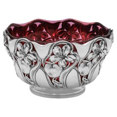 Antique Victorian art nouveau silver and cranberry glass bowl made London 1900