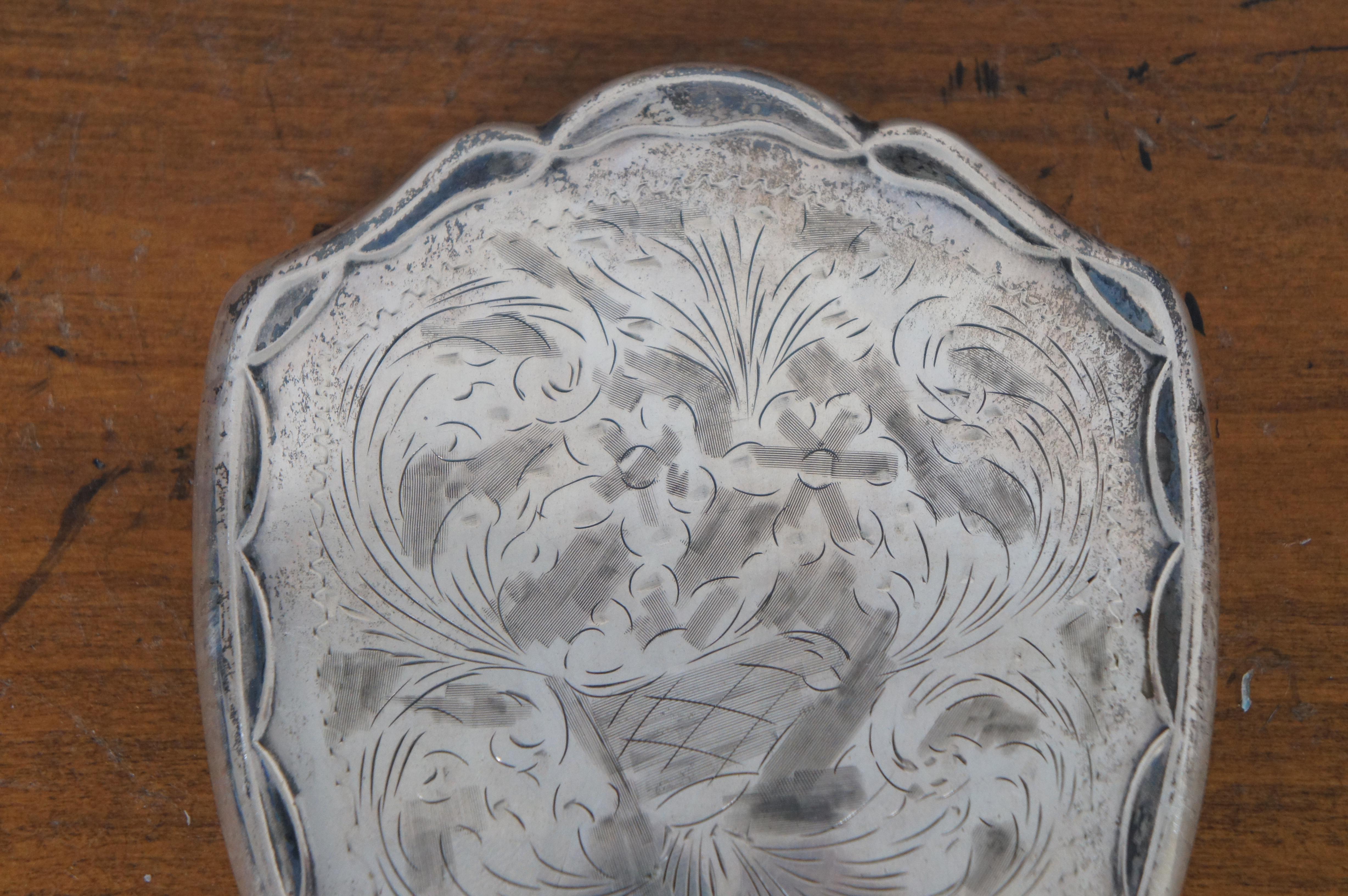 Sterling Silver Antique Victorian Art Nouveau Silver Floral Etched Vanity Hand Mirror 11