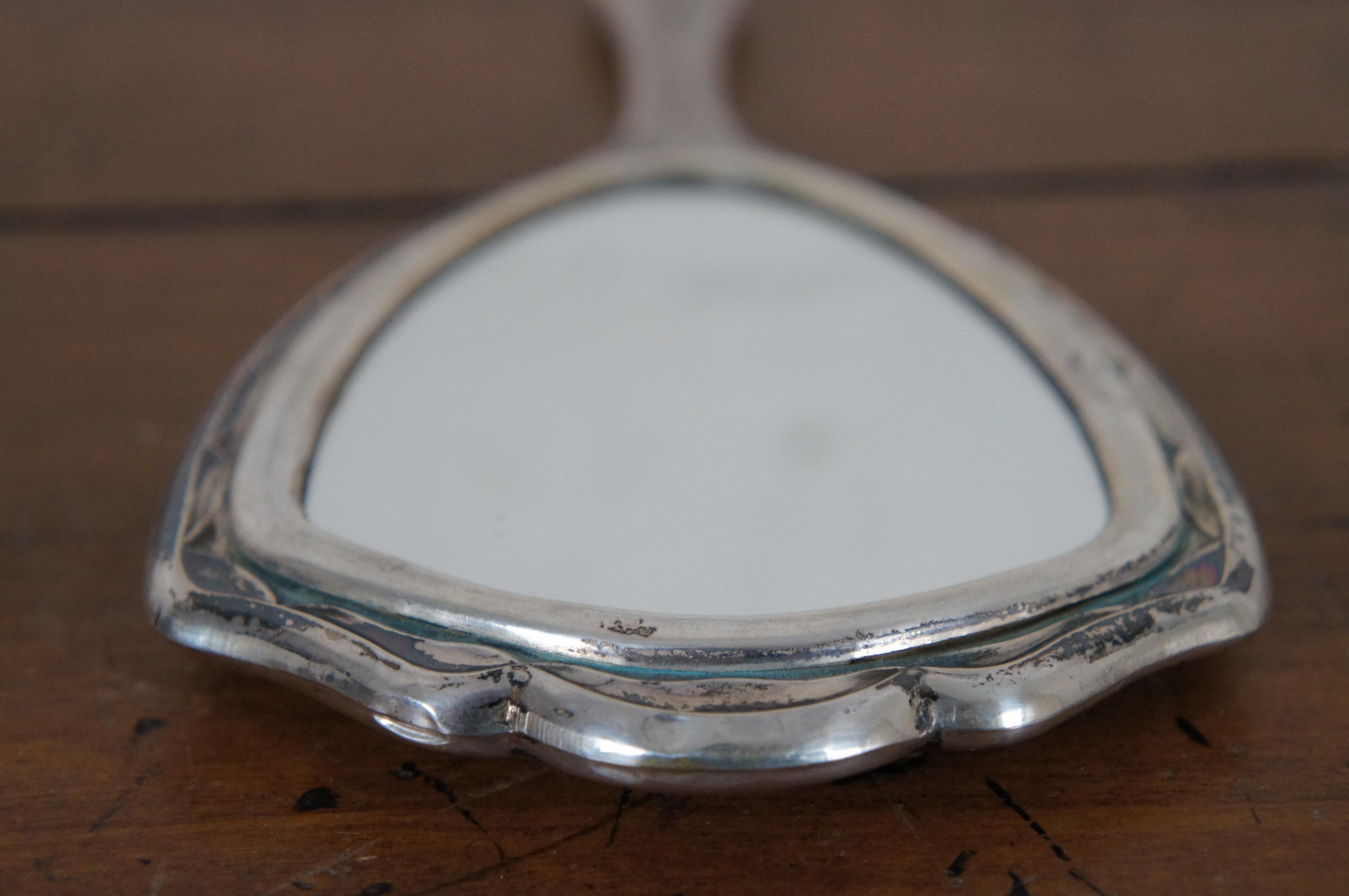 Antique Victorian Art Nouveau Silver Floral Etched Vanity Hand Mirror 11