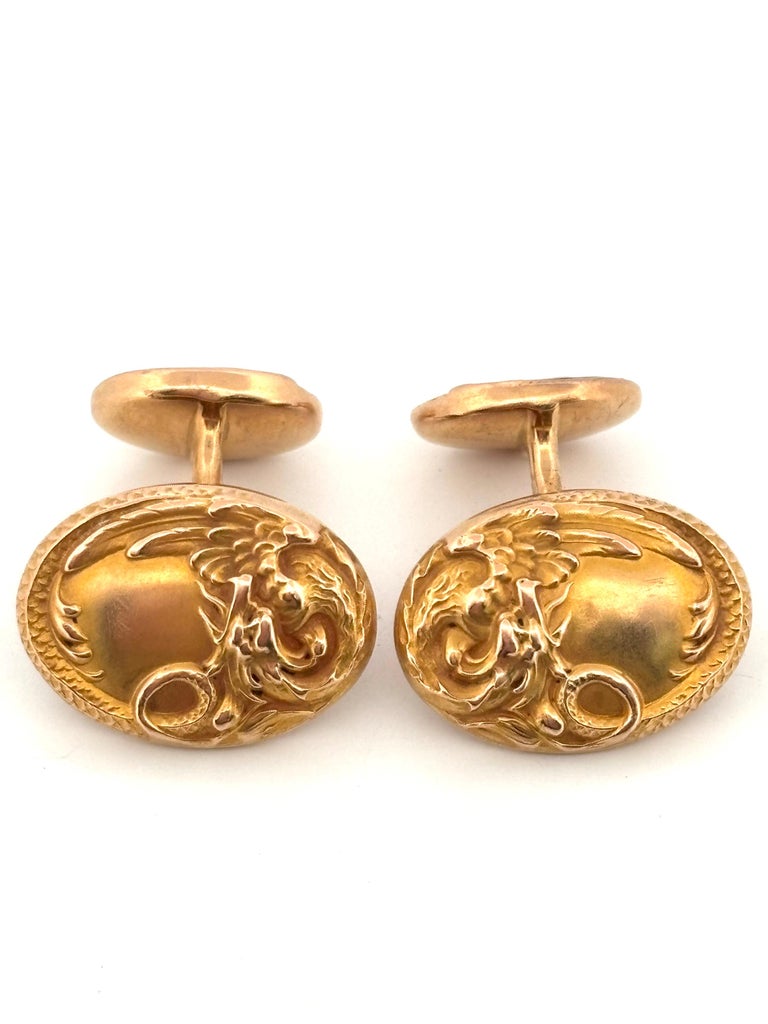 Boutons De Manchette Anciens – Dragon Argent Et Or, Début XXe, Style Chinois