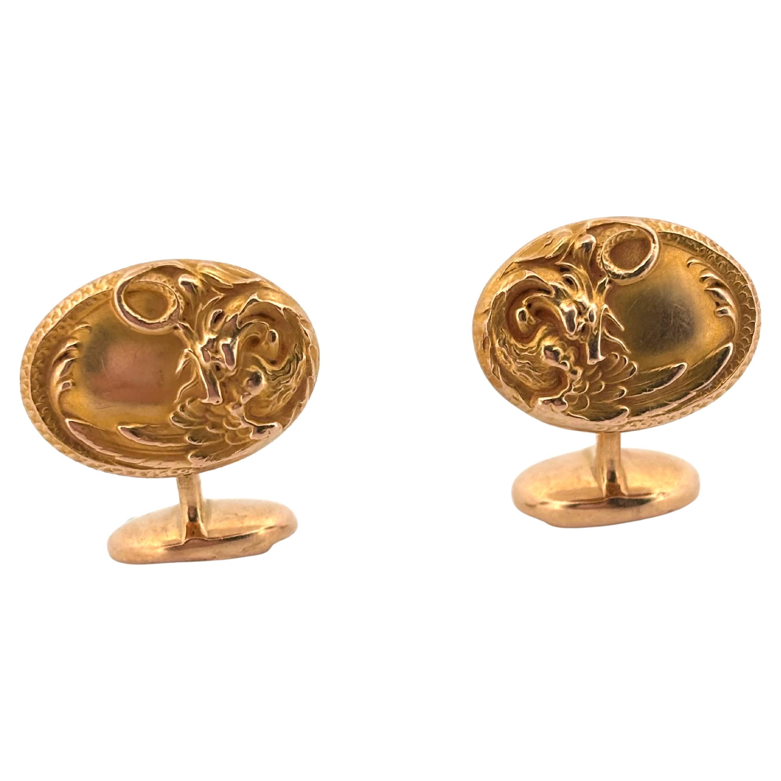 Antike viktorianische Jugendstil 14K Gelbgold Oval Double Dragon Manschettenknöpfe
