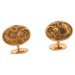 Antique Victorian Art Noveau 14K Yellow Gold Oval Double Dragon Cufflinks