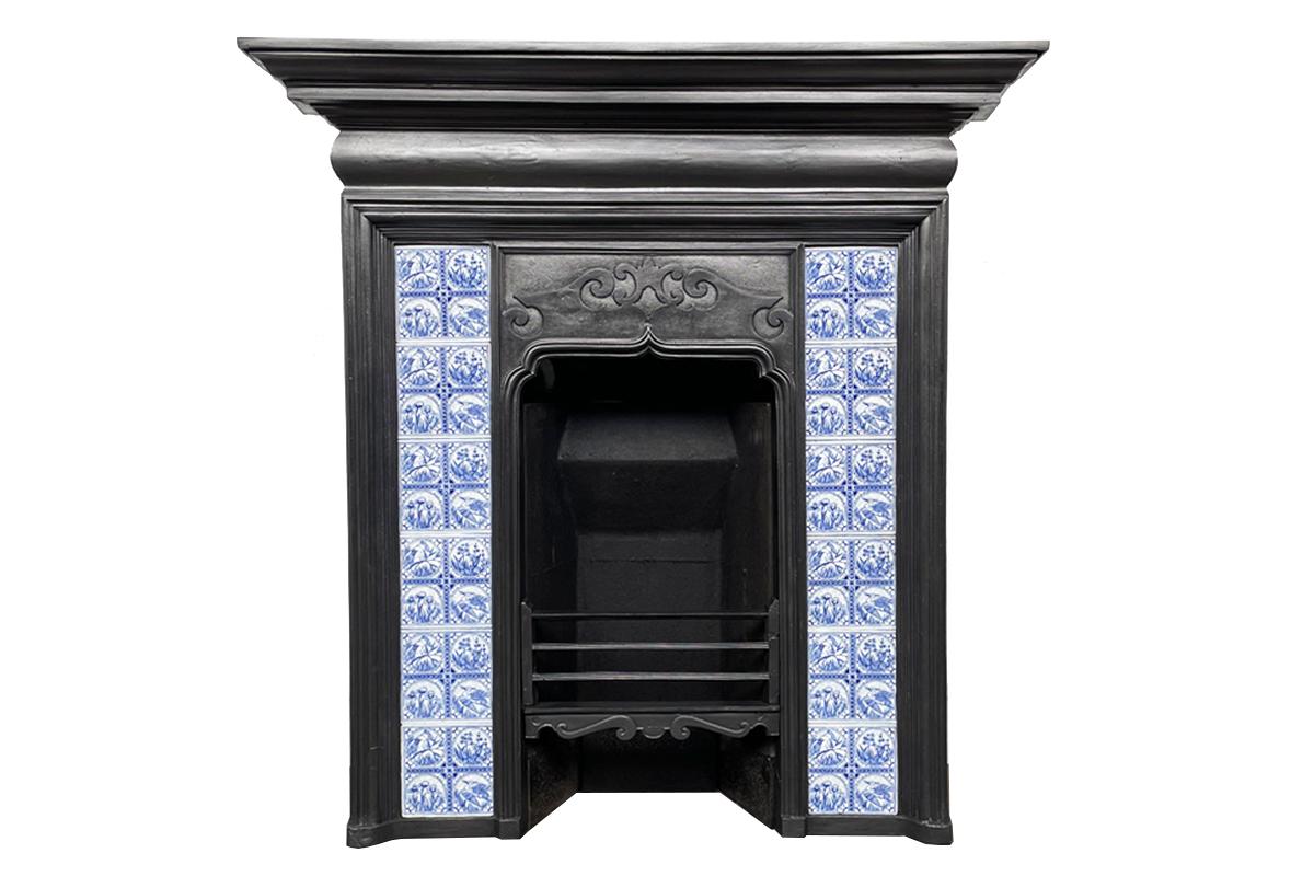 19th Century Antique Victorian Arts and Crafts cast iron and tiled combination fireplace