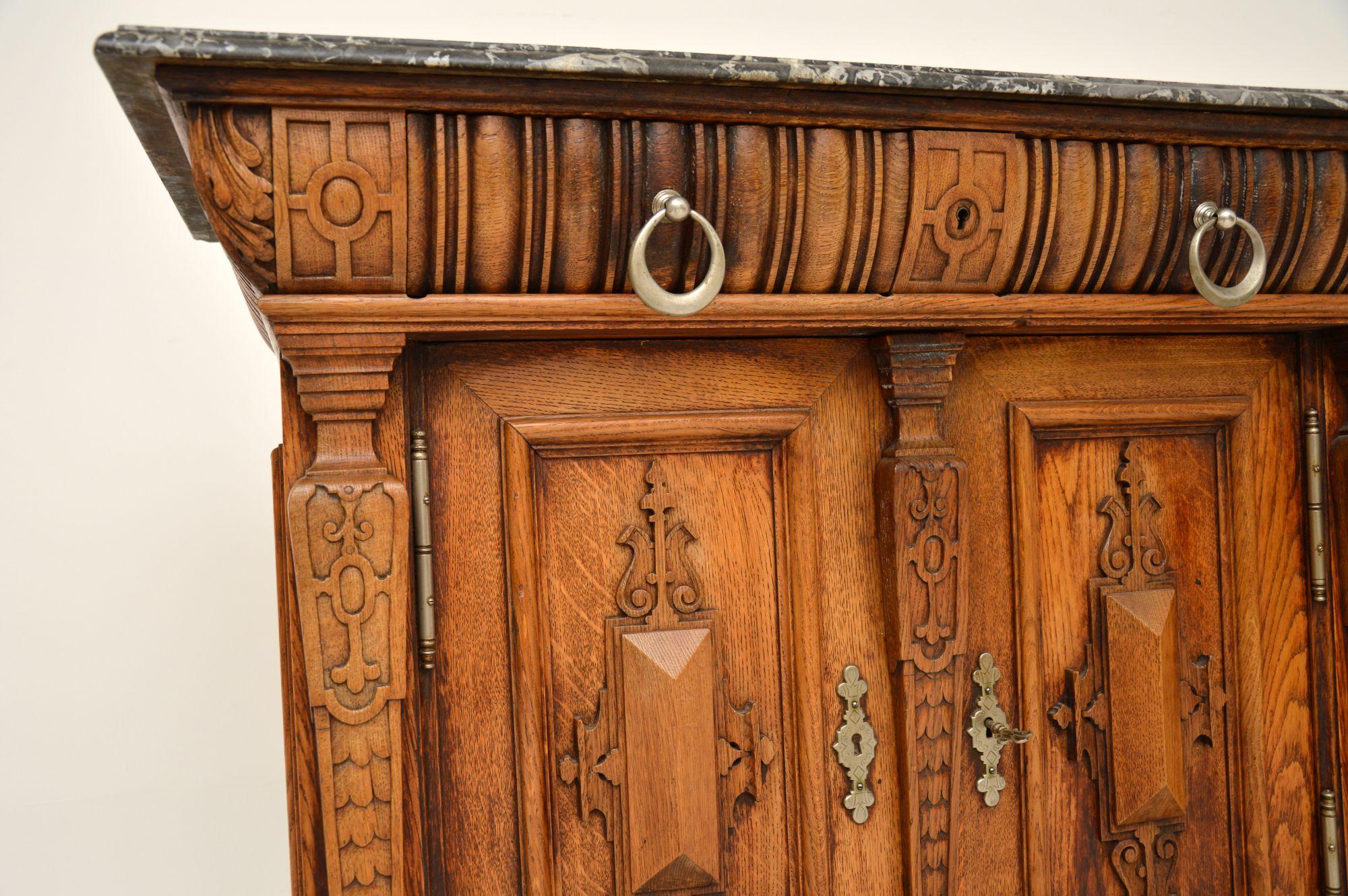 Antique Victorian Arts & Crafts Marble Top Oak Sideboard In Good Condition In London, GB