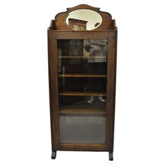 Antique Victorian Arts & Crafts Oak Wood Bookcase Display Cabinet with Mirror