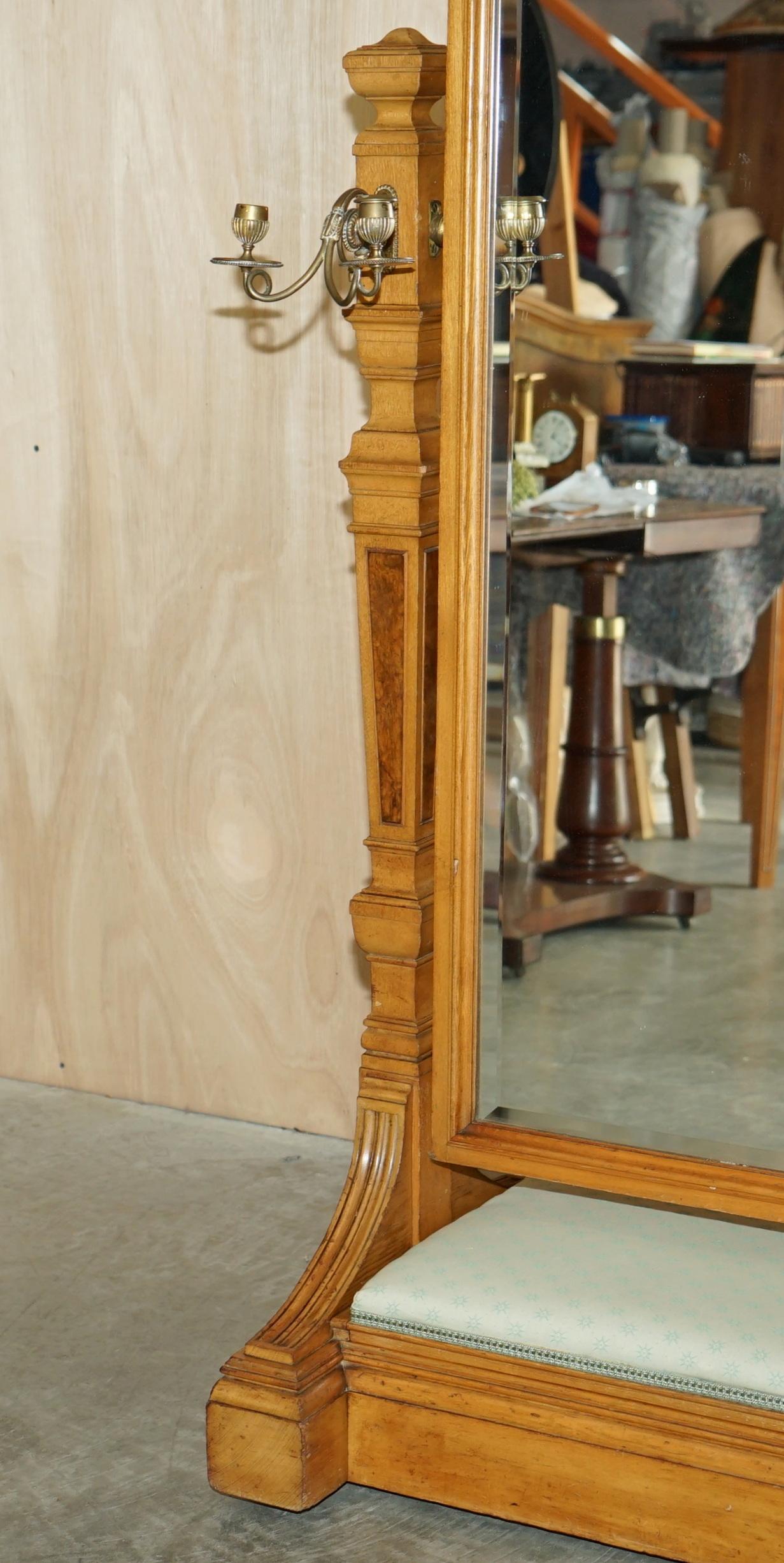 Antique Victorian Ash & Burr Walnut Gillows of Lancaster Cheval Mirror Sconces For Sale 1