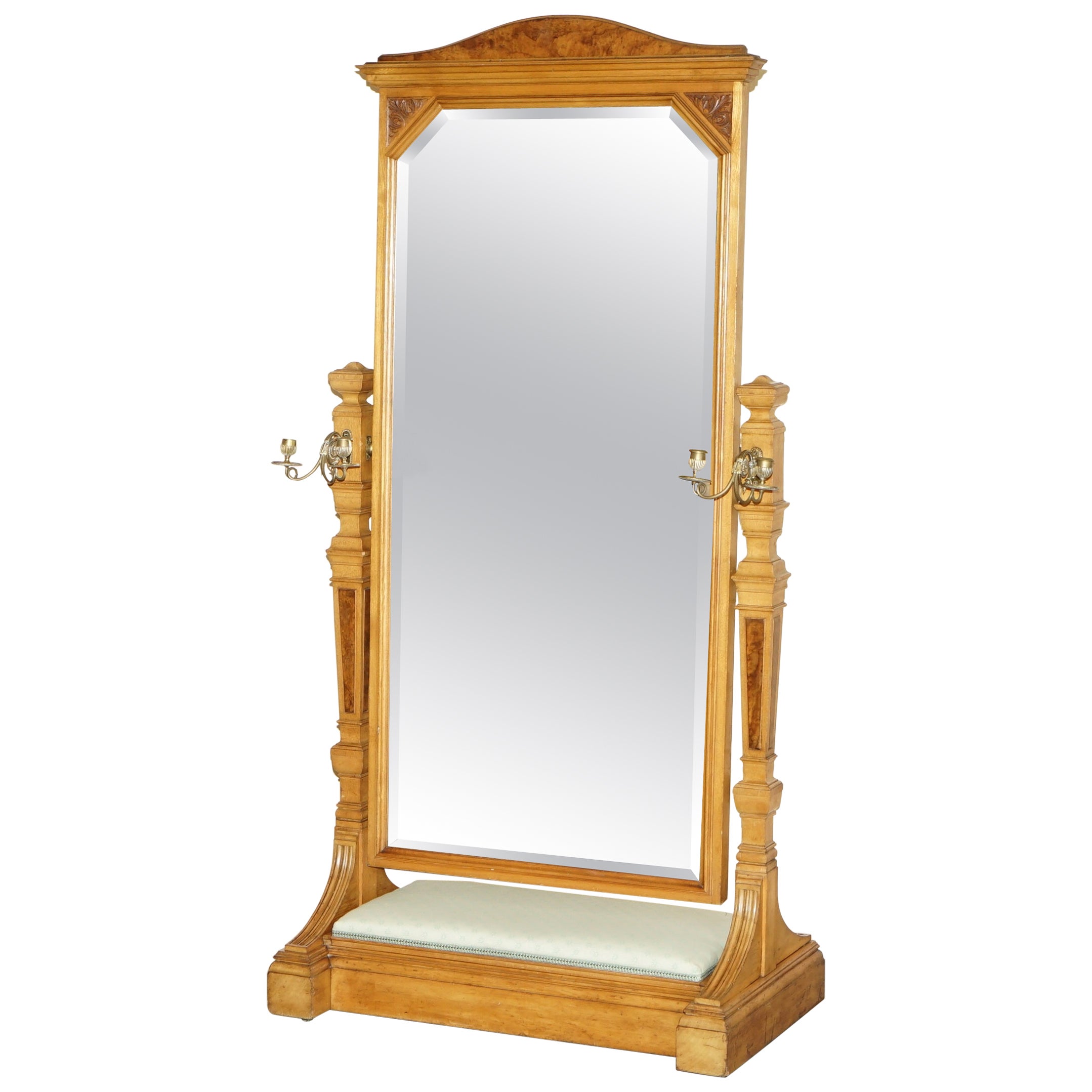 Antique Victorian Ash & Burr Walnut Gillows of Lancaster Cheval Mirror Sconces