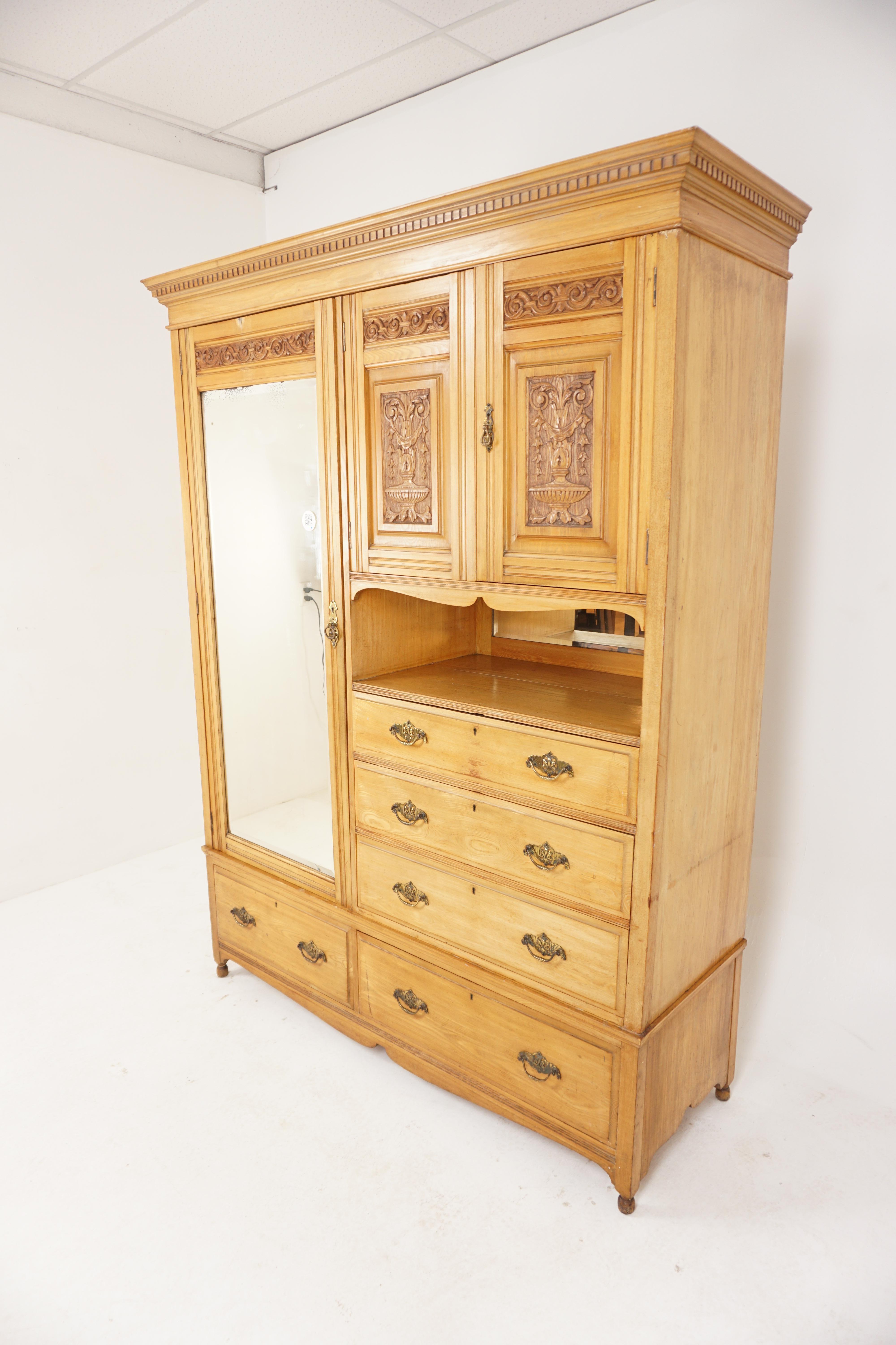Antique Victorian ash compactum armoire, wardrobe, closet, Scotland 1880, H724

Scotland 1880
Solid Oak
Original Finish
Large dentil cornice on top
With bevelled dressing mirror door
Opens to reveal six brass coat hooks and slide out