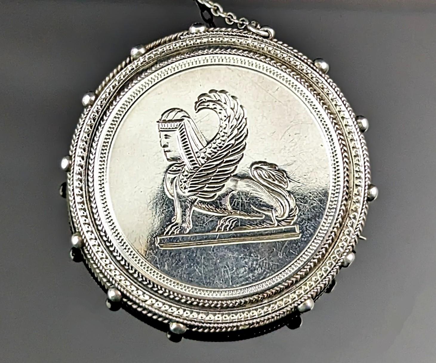 Antique Victorian Assyrian revival brooch, sterling silver, Lamassu  6