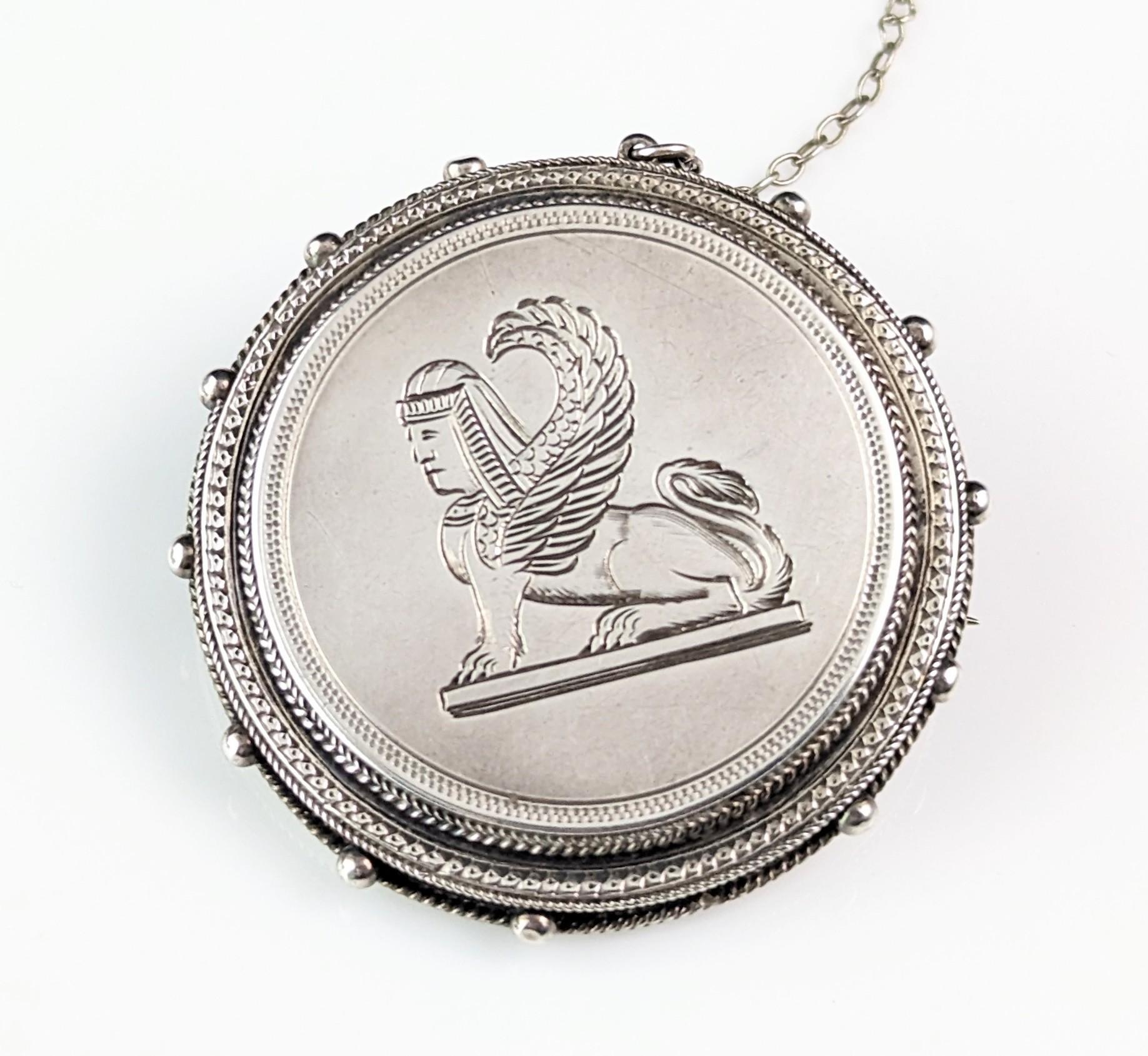 Antique Victorian Assyrian revival brooch, sterling silver, Lamassu  8