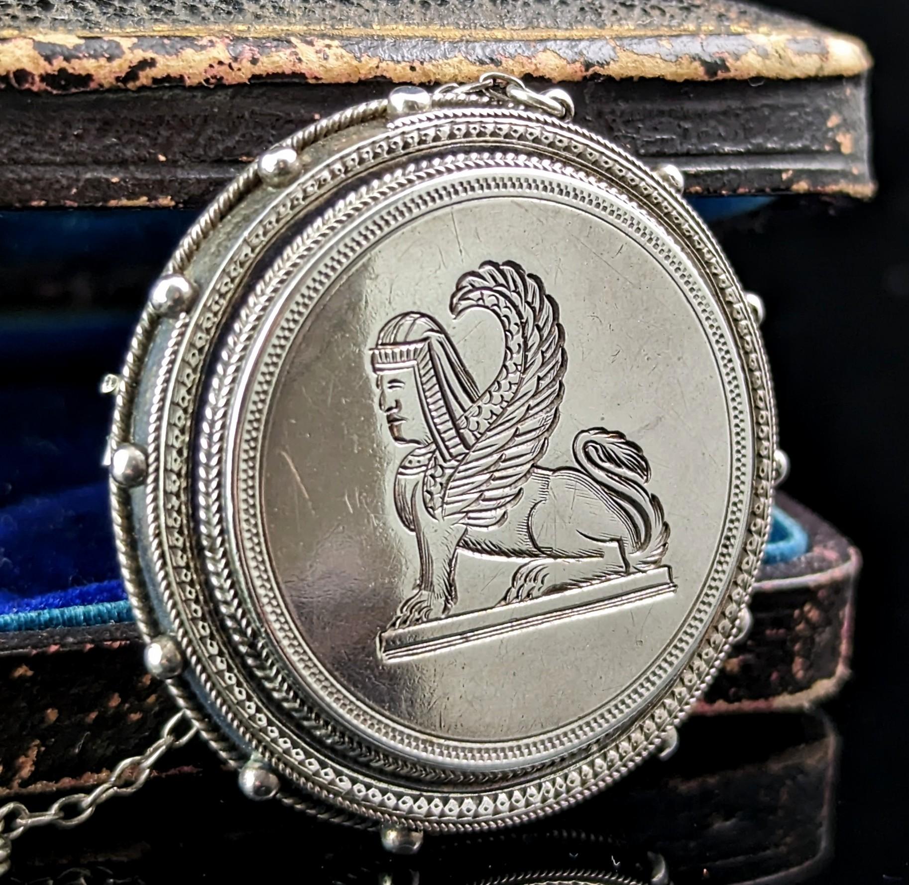 Antique Victorian Assyrian revival brooch, sterling silver, Lamassu  5