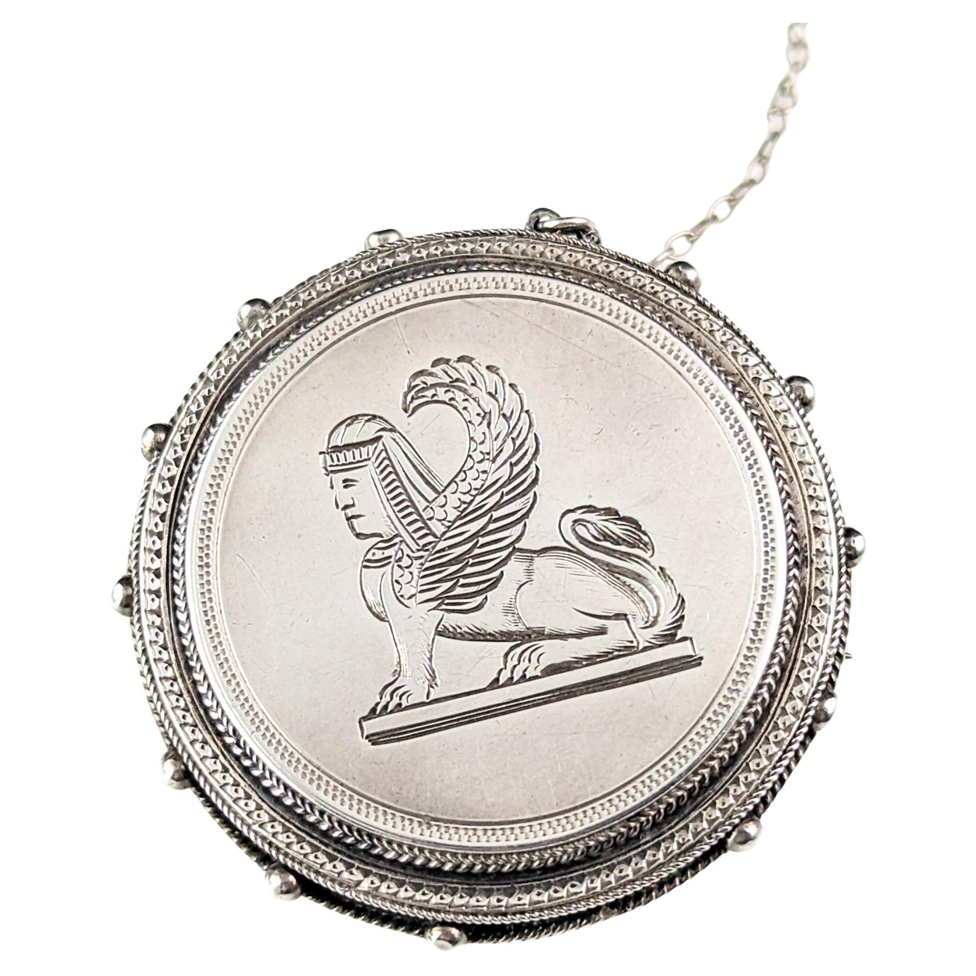 Antique Victorian Assyrian revival brooch, sterling silver, Lamassu 
