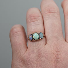 Antique Victorian Australian Opal 9ct Gold Three Stone Bridge Ring Size P / 7.5