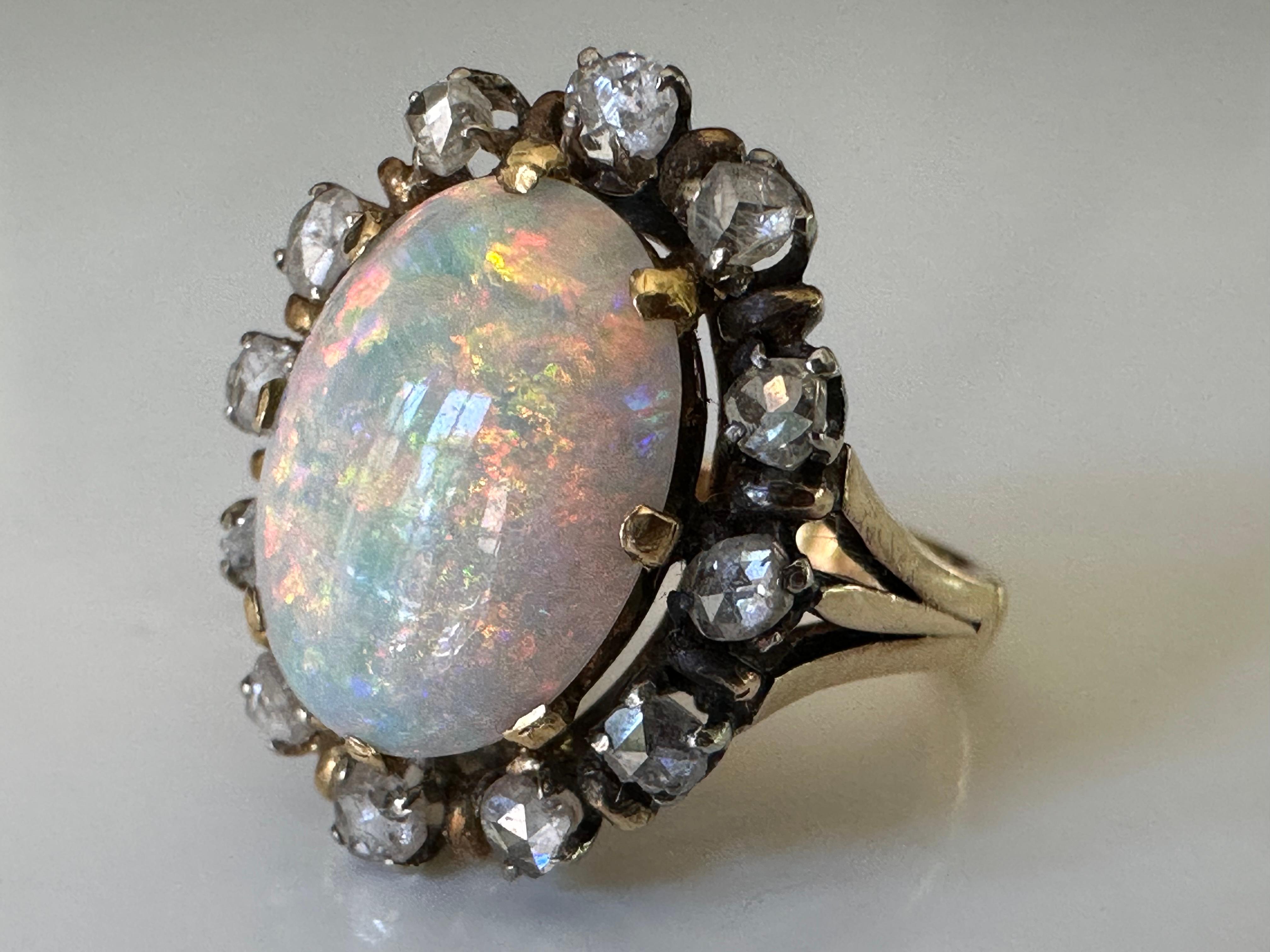 Antique Victorian Australian Opal and Diamond Cocktail Ring  In Good Condition For Sale In Denver, CO