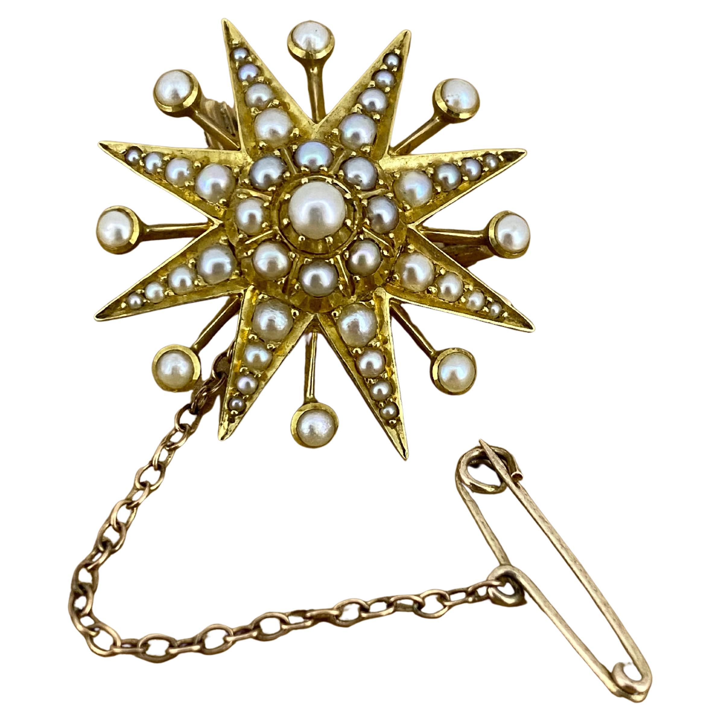 Antique (Victorian) Australian Starburst Seed Pearl (x 49) 30mm Brooch/Pendant