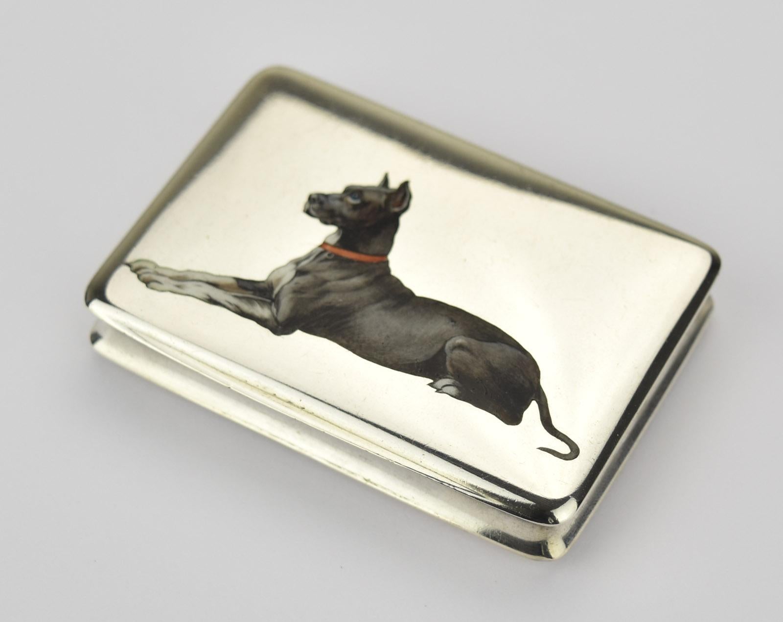 Enameled Antique Victorian Austrian 0.800 Silver & Enamel Snuff Pill Box Mastiff Dane Dog For Sale