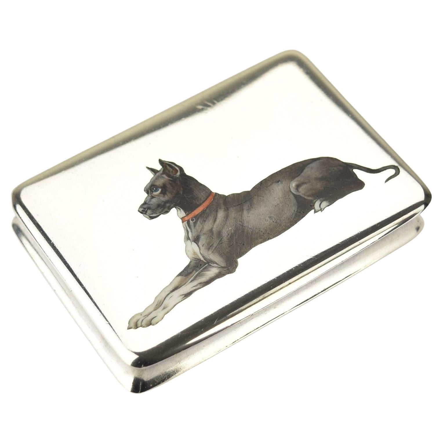 Antique Victorian Austrian 0.800 Silver & Enamel Snuff Pill Box Mastiff Dane Dog For Sale