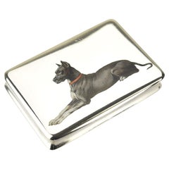 Antique Victorian Austrian 0.800 Silver & Enamel Snuff Pill Box Mastiff Dane Dog