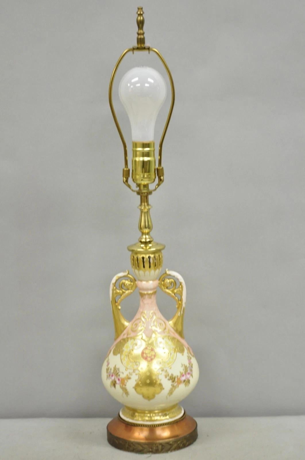Antique Victorian Austrian Porcelain Pink Gold Gilt Small Boudoir Table Lamp For Sale 7