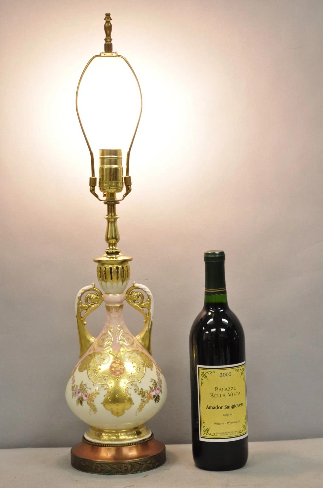 Antique Victorian Austrian Porcelain Pink Gold Gilt Small Boudoir Table Lamp. Circa Early 20th Century. Measurements: 24