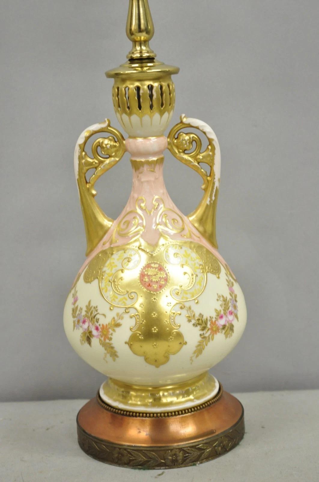 Unknown Antique Victorian Austrian Porcelain Pink Gold Gilt Small Boudoir Table Lamp For Sale