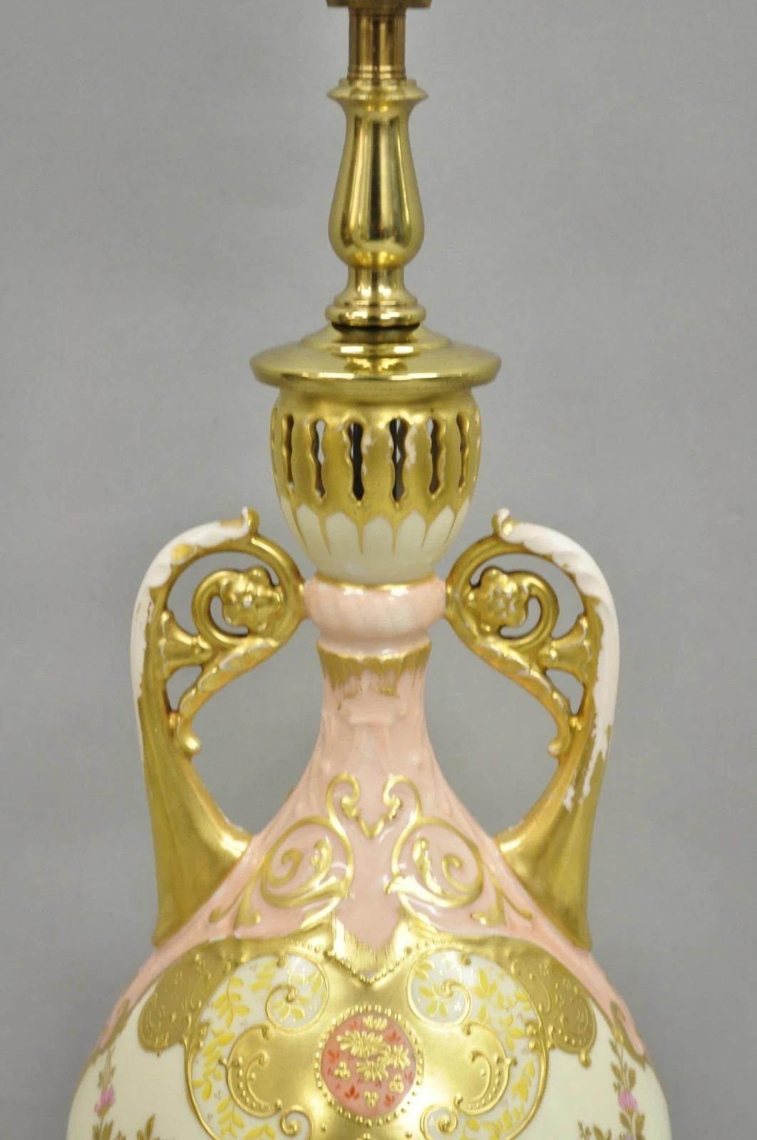 Antique Victorian Austrian Porcelain Pink Gold Gilt Small Boudoir Table Lamp In Good Condition For Sale In Philadelphia, PA