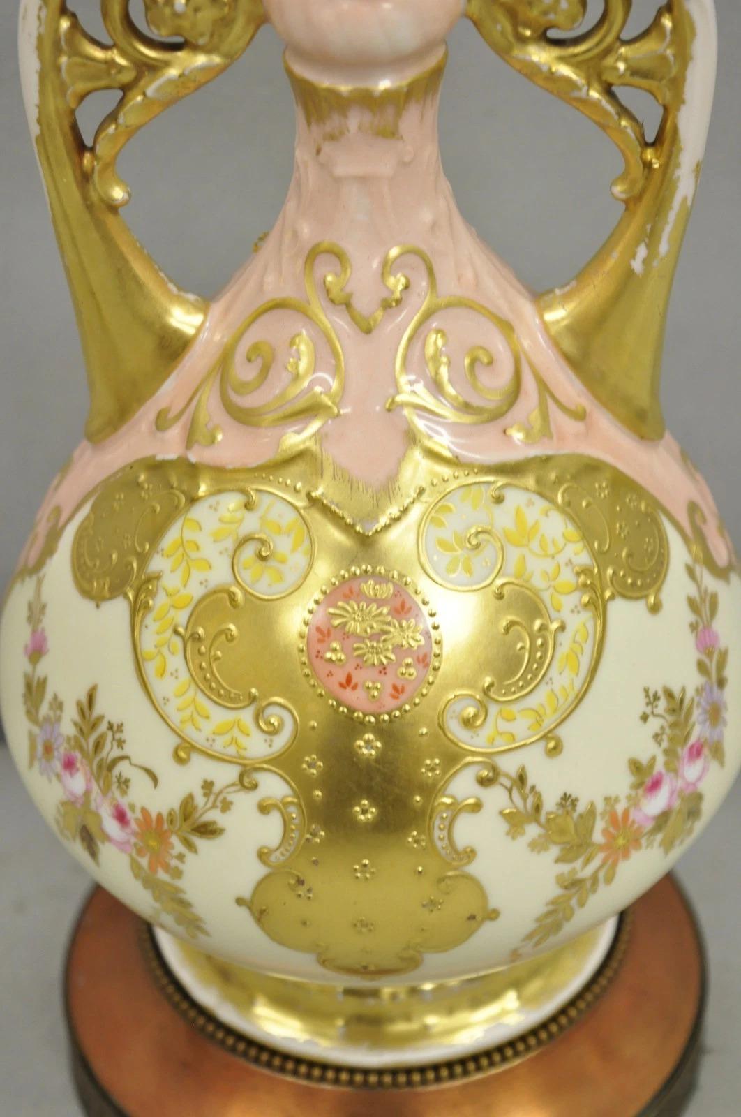 20th Century Antique Victorian Austrian Porcelain Pink Gold Gilt Small Boudoir Table Lamp For Sale