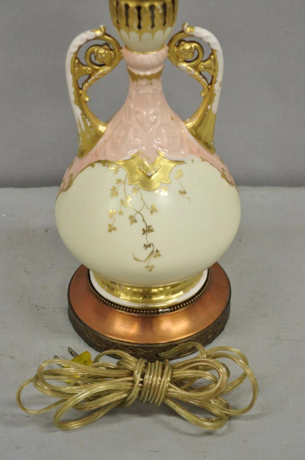 Antique Victorian Austrian Porcelain Pink Gold Gilt Small Boudoir Table Lamp For Sale 4