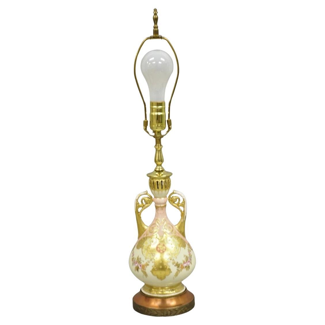 Antique Victorian Austrian Porcelain Pink Gold Gilt Small Boudoir Table Lamp For Sale