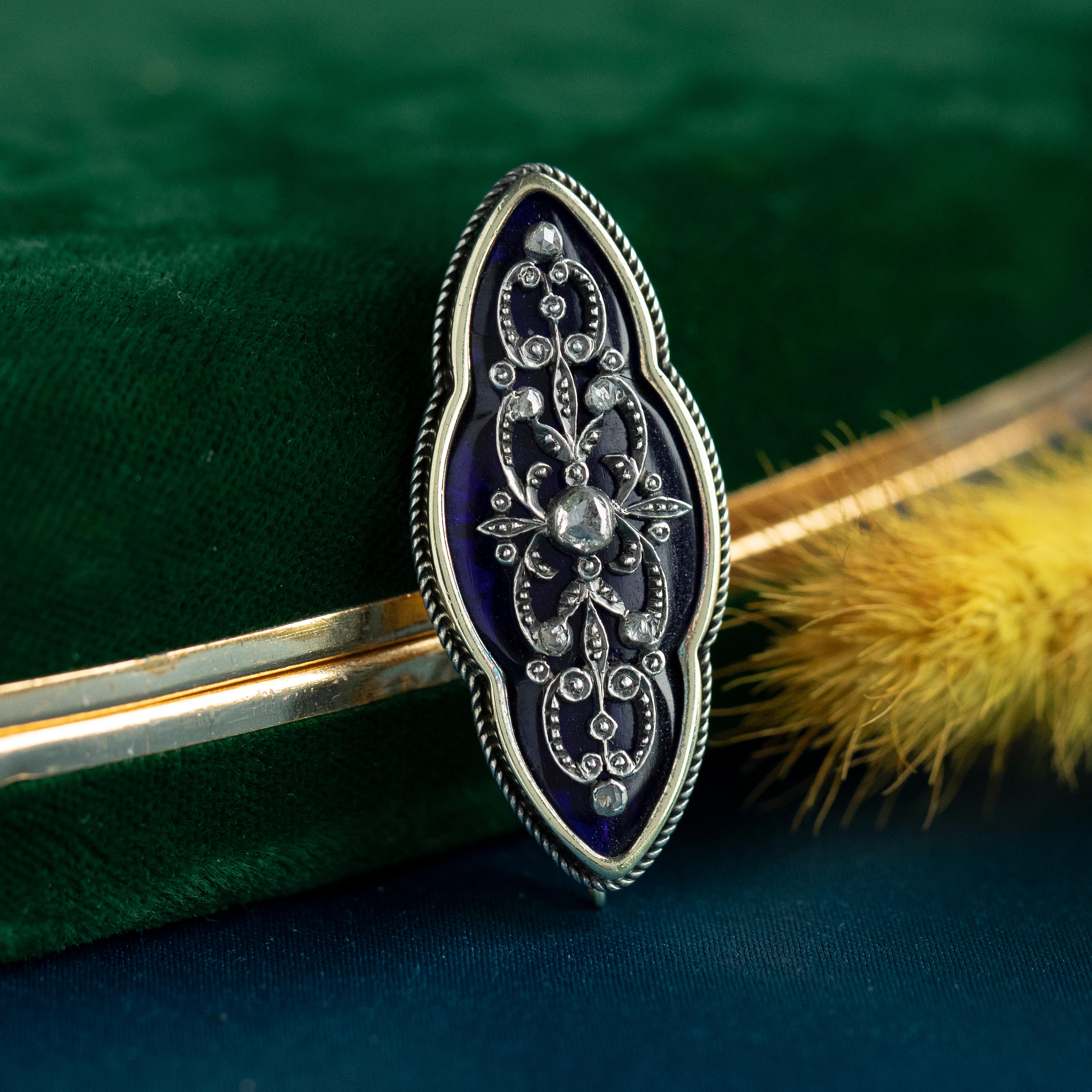 Antiguo broche victoriano Bague au Firmament Esmalte cobalto y diamante talla rosa en Bueno estado para la venta en AMSTERDAM, NL