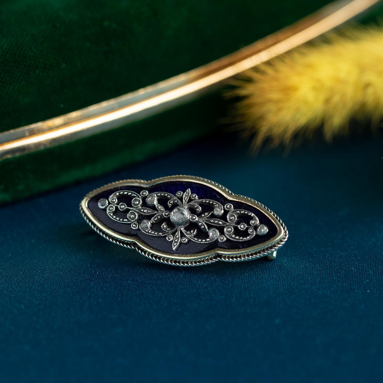 Femenino o masculino Antiguo broche victoriano Bague au Firmament Esmalte cobalto y diamante talla rosa en venta