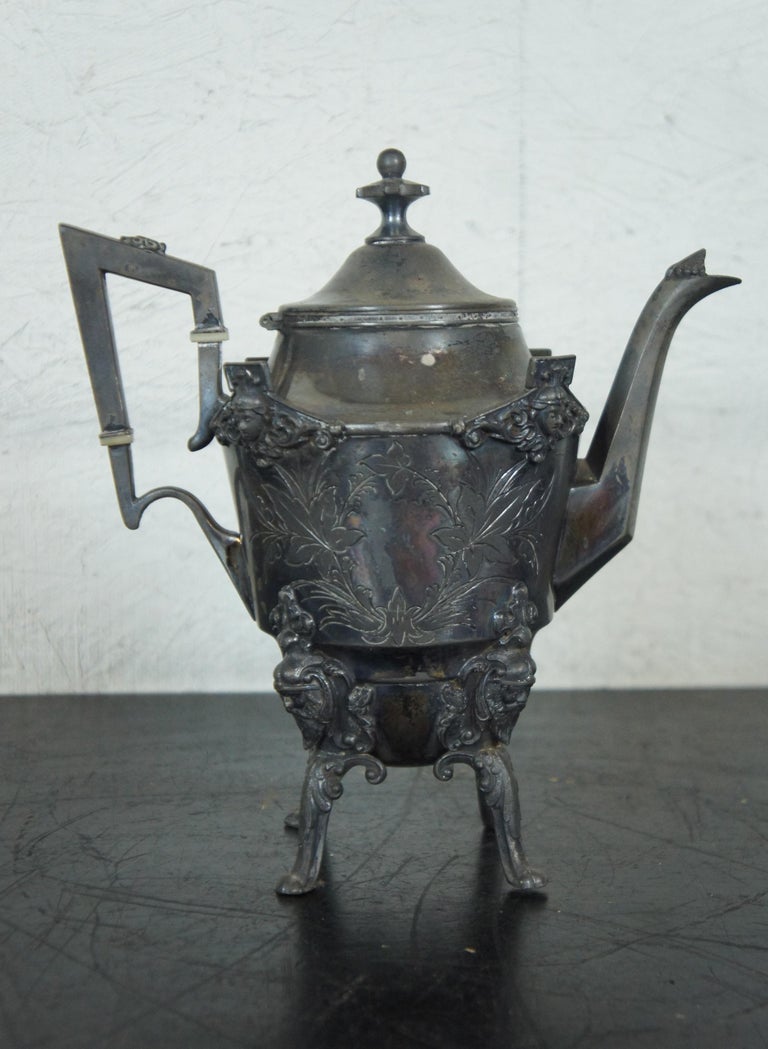 19th Century Antique Victorian Bailey Brainard Silver Plate Figural Footed Tea Coffee Pot For Sale