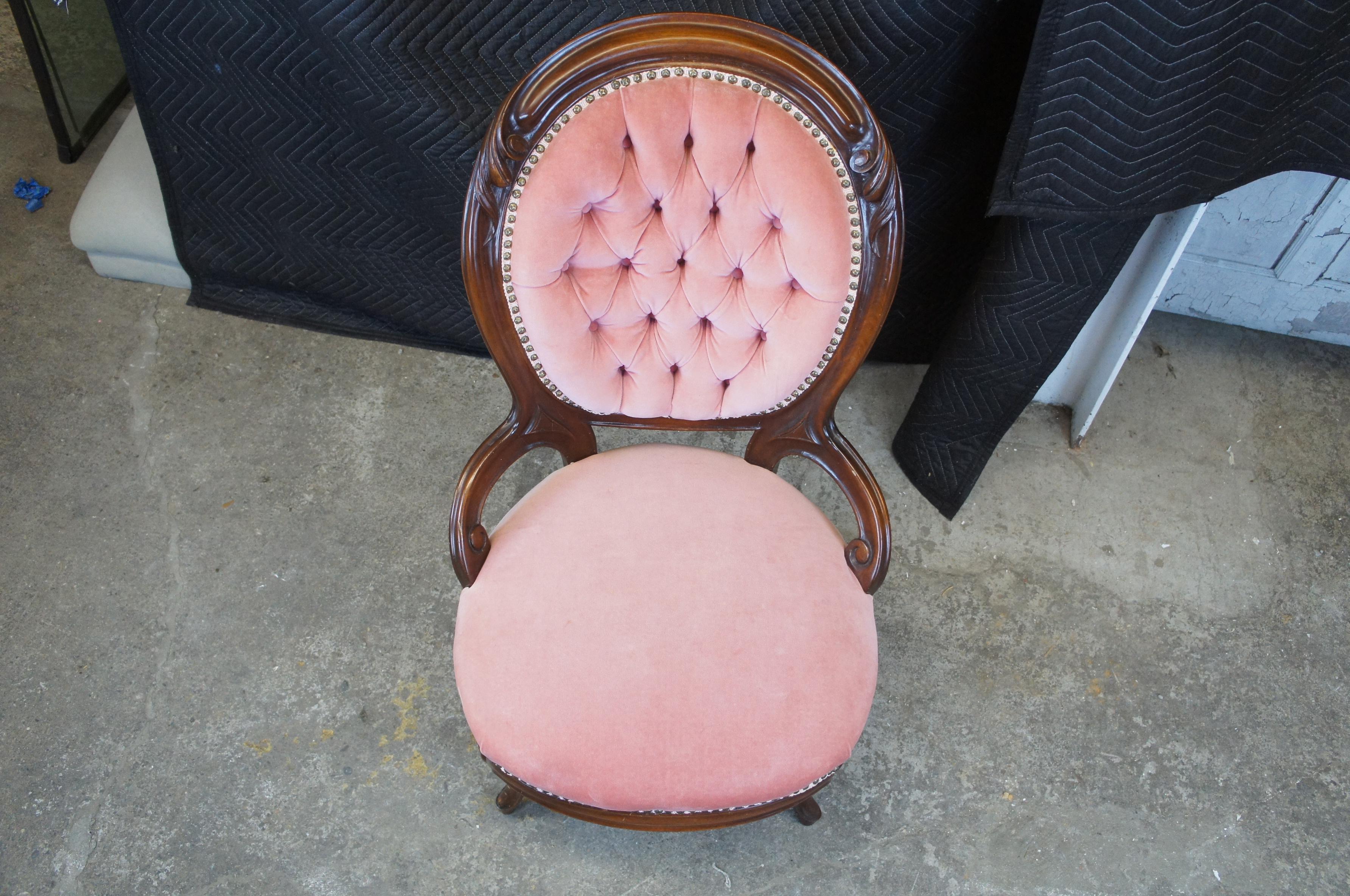 Antique Victorian Balloon Back Walnut Parlor Vanity Side Chair Tufted Nailhead 4