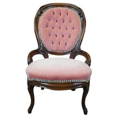 Antique Victorian Balloon Back Walnut Parlor Vanity Side Chair Tufted Nailhead