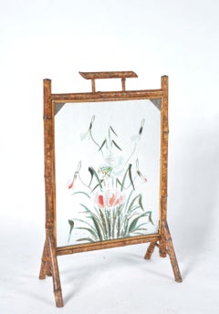 Antique Victorian Bamboo Hand-painted Flowers Glass Fire Screen Fireplace