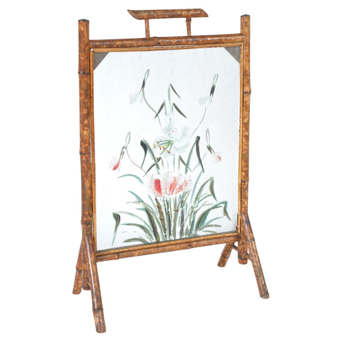 Antique Victorian Bamboo Hand-painted Flowers Glass Fire Screen Fireplace For Sale
