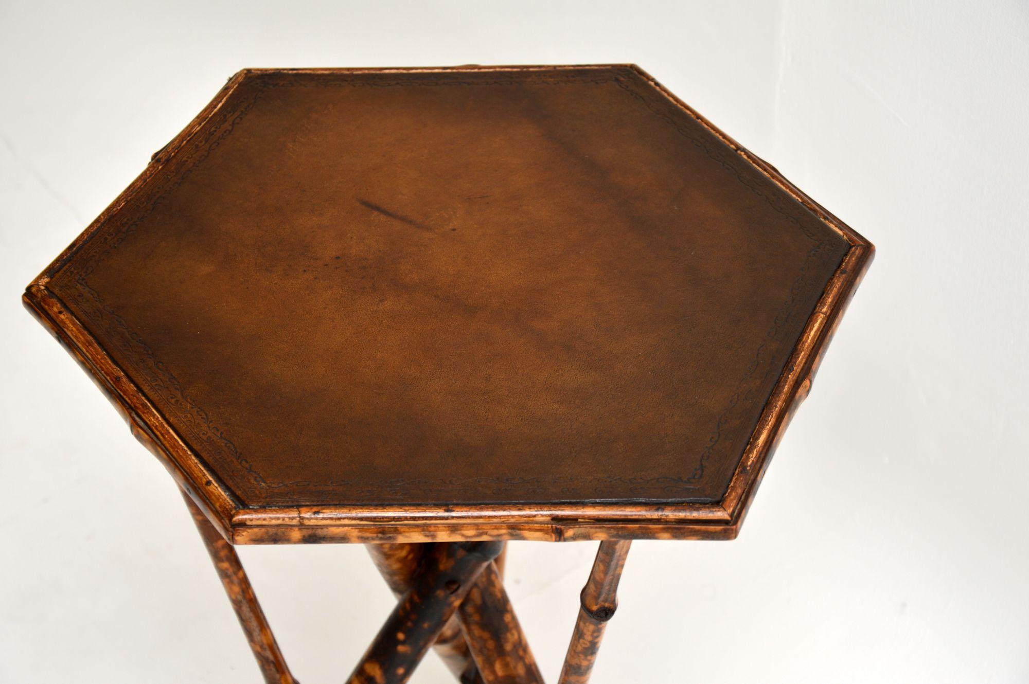 English Antique Victorian Bamboo Leather Top Side Table