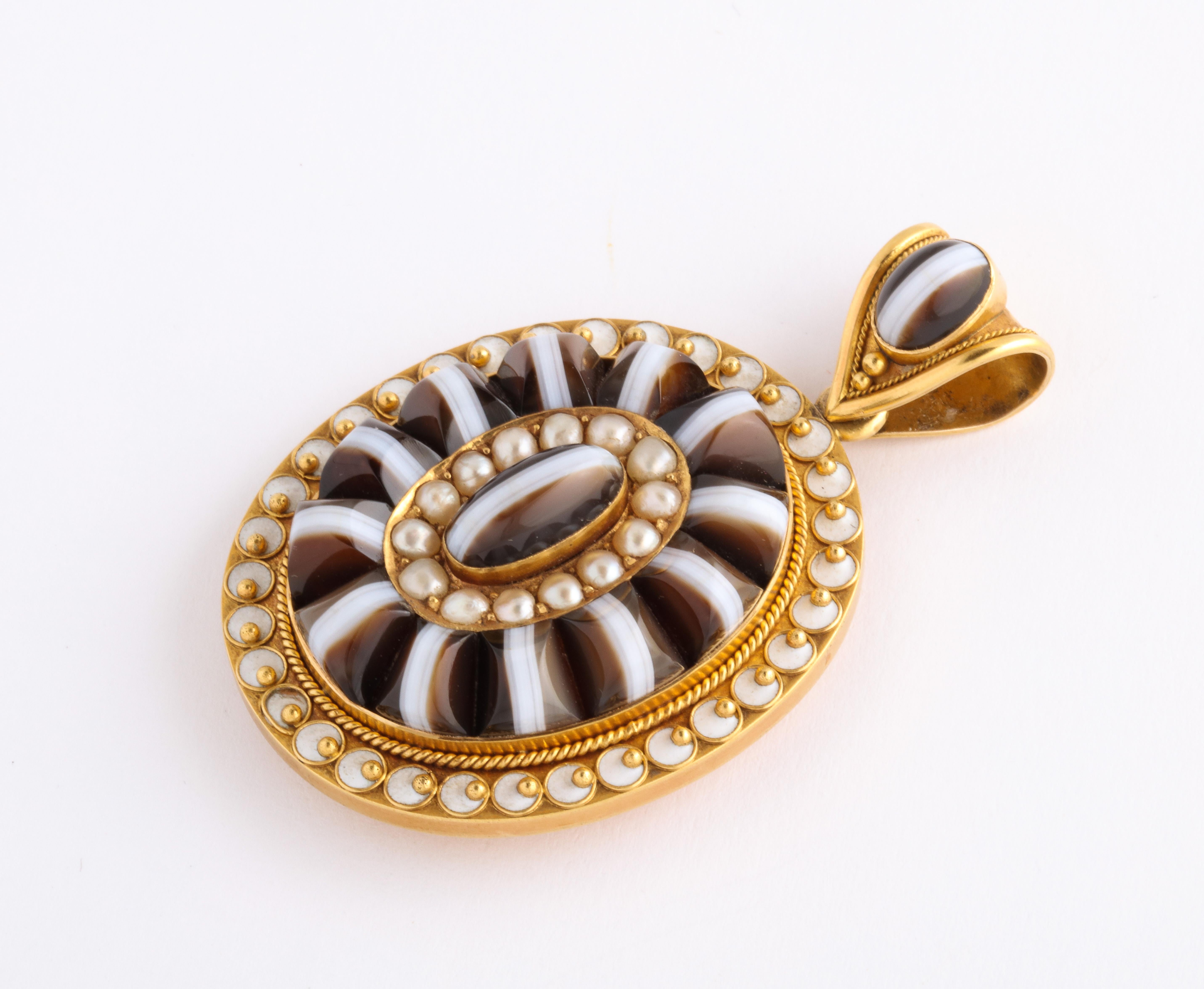 Spectacular Victorian 15 Kt gold, banded agate, natural pearl and enamel pendant screams its rarity and beauty though it is not brazen, but insistent. All parts are original to the master jeweler who created it c. 1860-70. The banded agates gleam