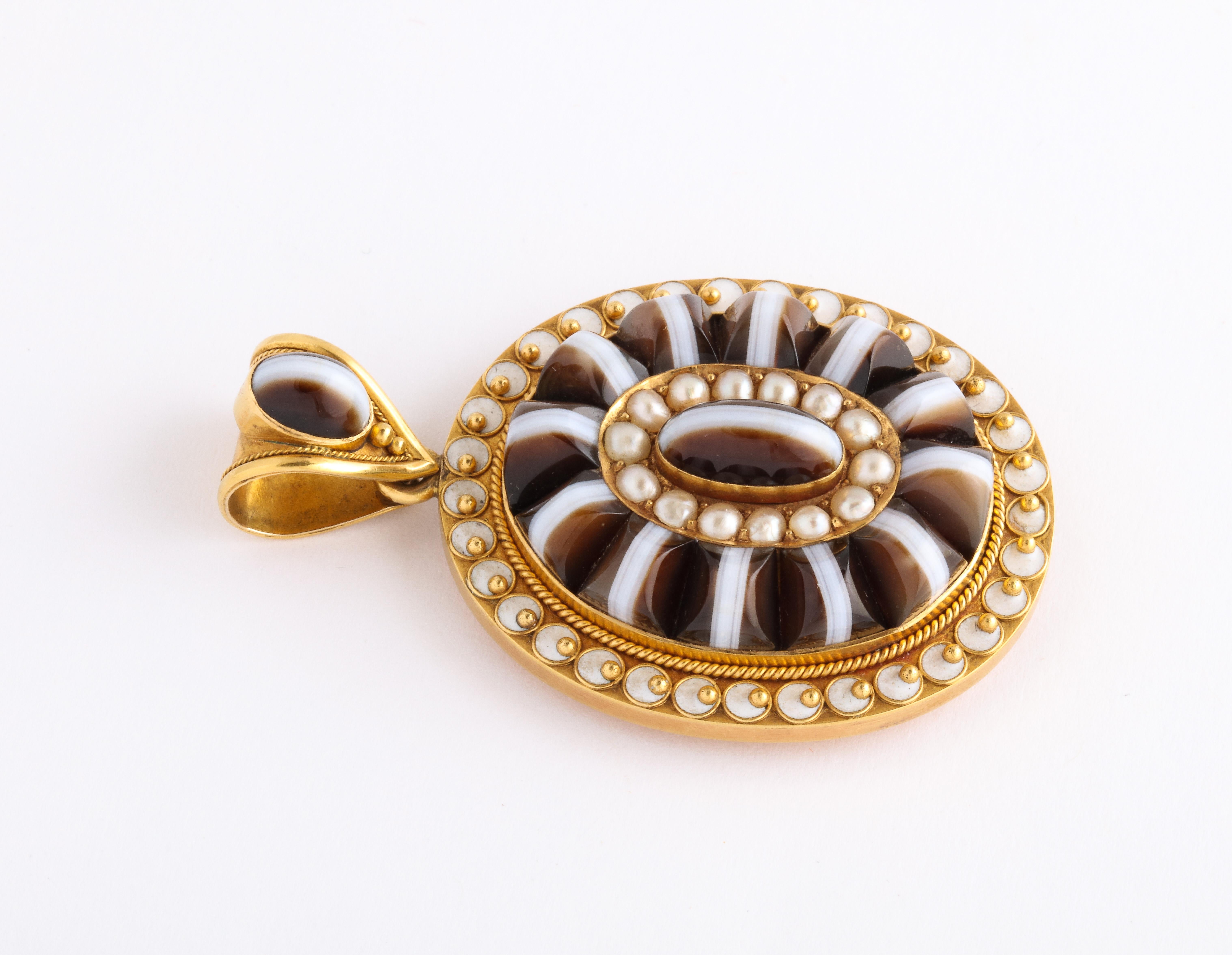 Women's or Men's Antique Victorian Banded Agate 15 Kt Gold Banded Agate Pearl Pendant For Sale