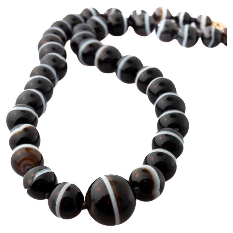 Antique Victorian Banded Agate Bead Necklace c. 1860