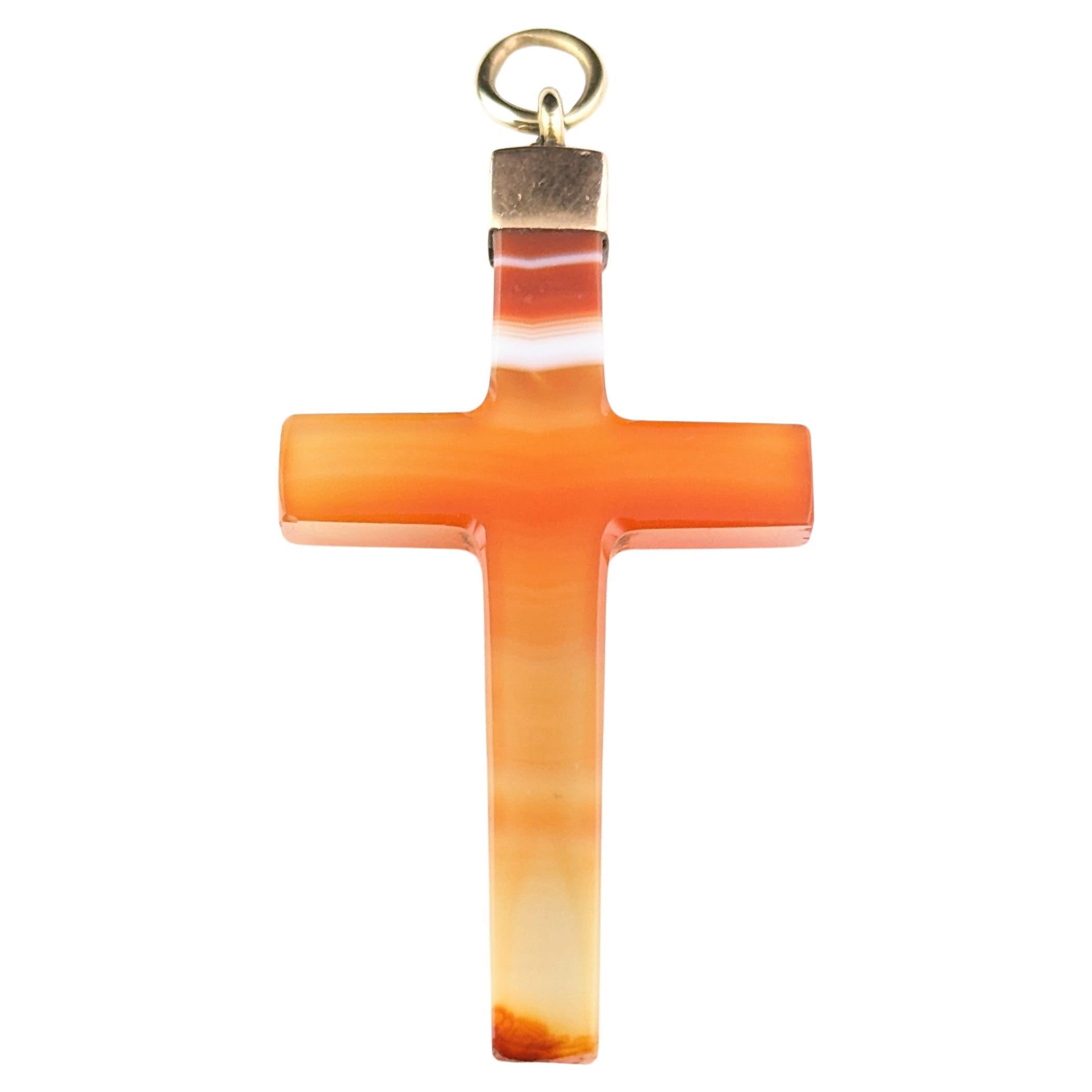 Antique Victorian Banded agate cross pendant, 9k gold 