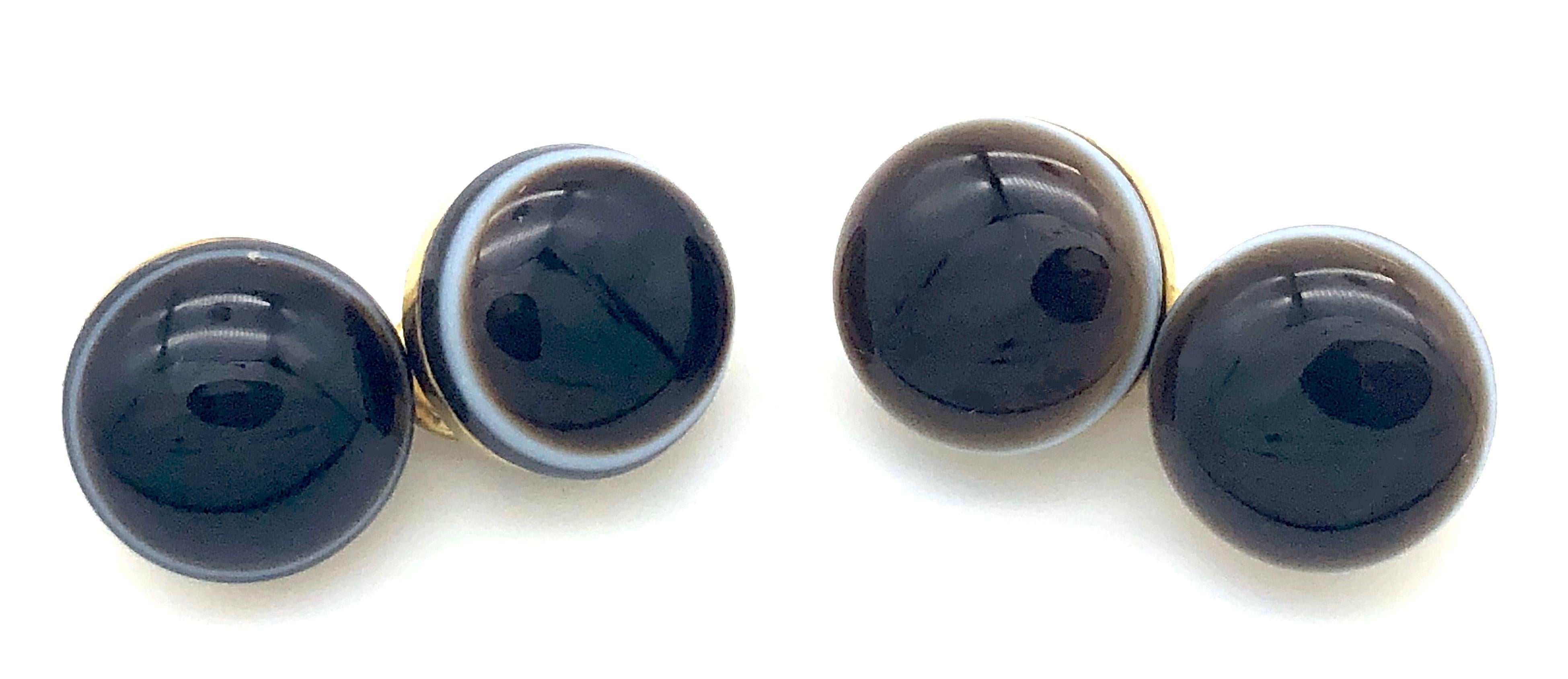 These cufflinks have sardonyx cabochons cut to resemble eyes.
This semi precious stone in the cut reminiscent of an eye has been in use since ancient times.  The eye was credited with protective qualities has been been worn as a talisman. IT became