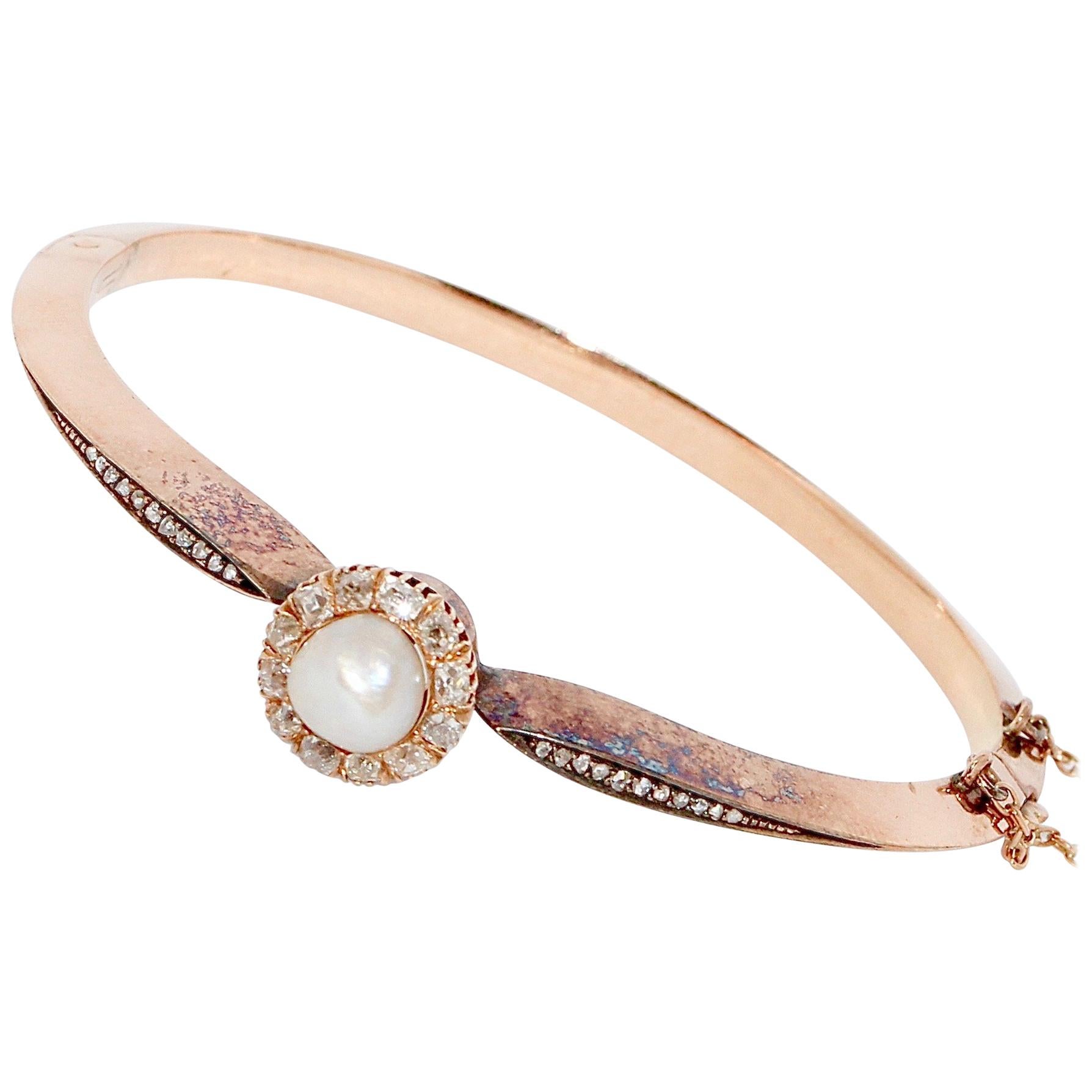 Antique Victorian Bangle, 14 Karat Gold, with Natural Pearl and Diamonds For Sale