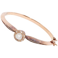 Antique Victorian Bangle, 14 Karat Gold, with Natural Pearl and Diamonds